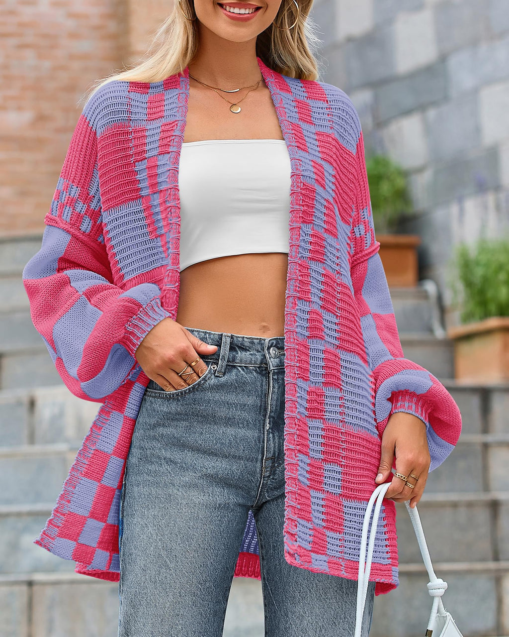 BTFBM Casual Cardigan Sweater for Women Fall Long Sleeve Sweaters Fall Outfits, Loose Fit,Solid,Open Front Chunky Knit Sweaters,Chunky Cardigan Sweaters For Women,Checkered Outwear Coat