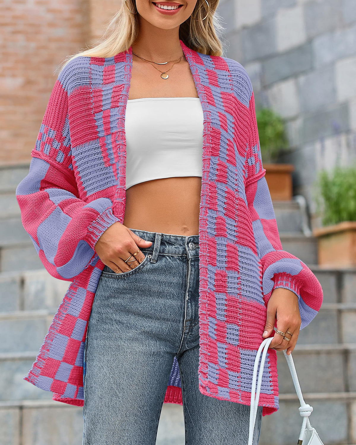 BTFBM Casual Cardigan Sweater for Women Fall Long Sleeve Sweaters Fall Outfits, Loose Fit,Solid,Open Front Chunky Knit Sweaters,Chunky Cardigan Sweaters For Women,Checkered Outwear Coat