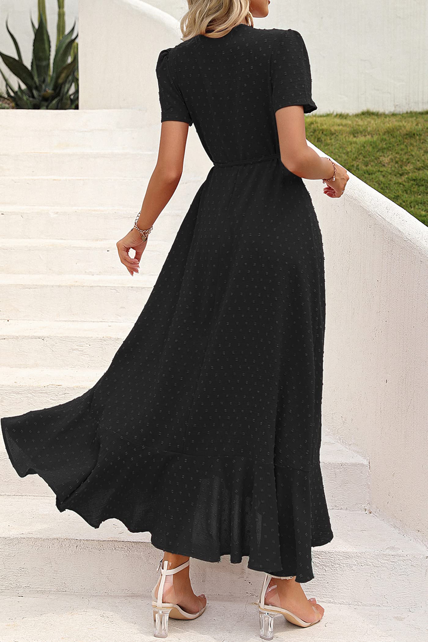 PRETTYGARDEN Women's Boho Floral Maxi Dress Summer Short Sleeve Wrap V Neck Long Flowy Beach Vacation Wedding Guest Dresses