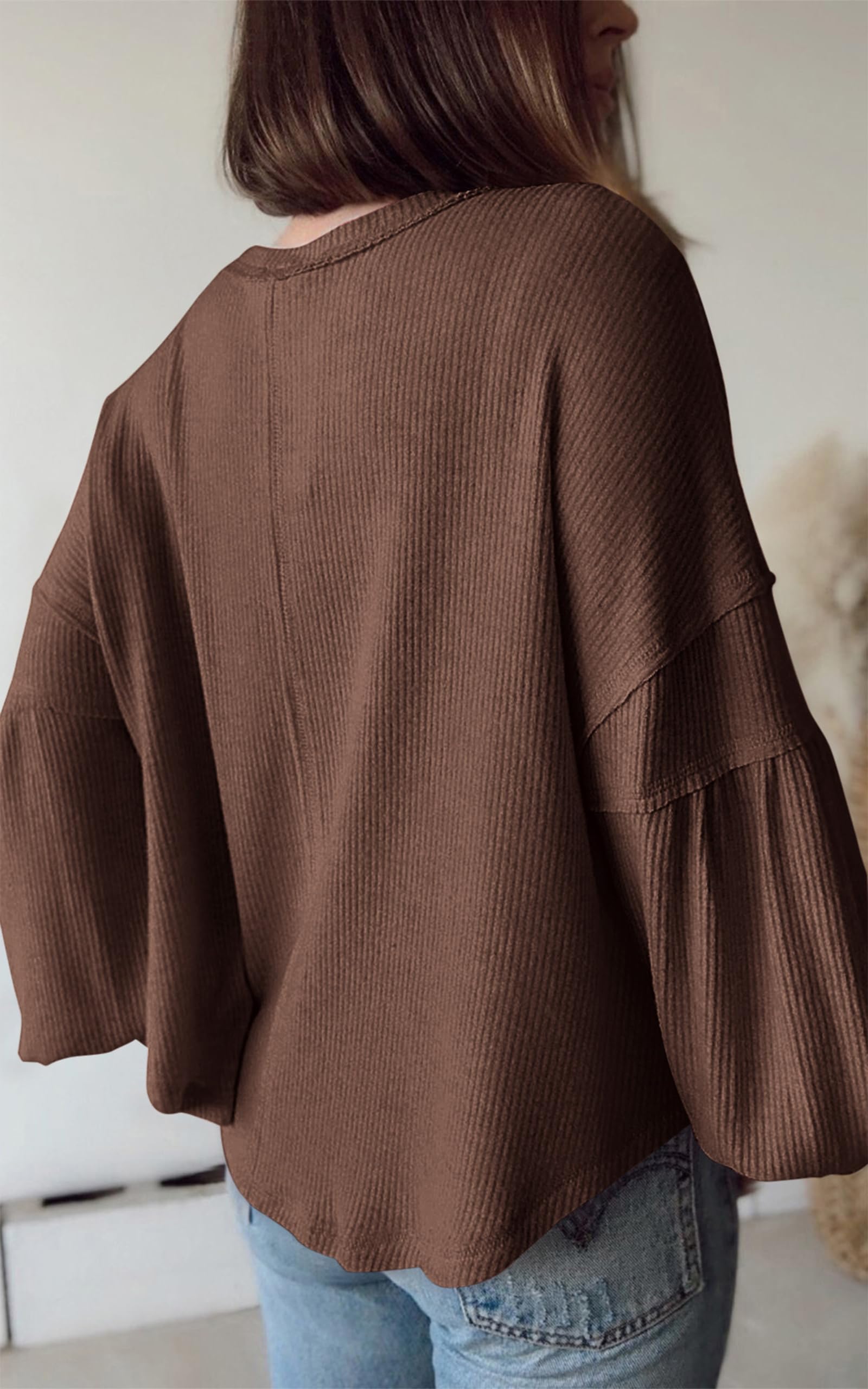 BTFBM Womens Fall Fashion Long Sleeve Shirts Casual V Neck Ribbed Knit Blouses Pullover Trendy Loose Fit Tunic Tops