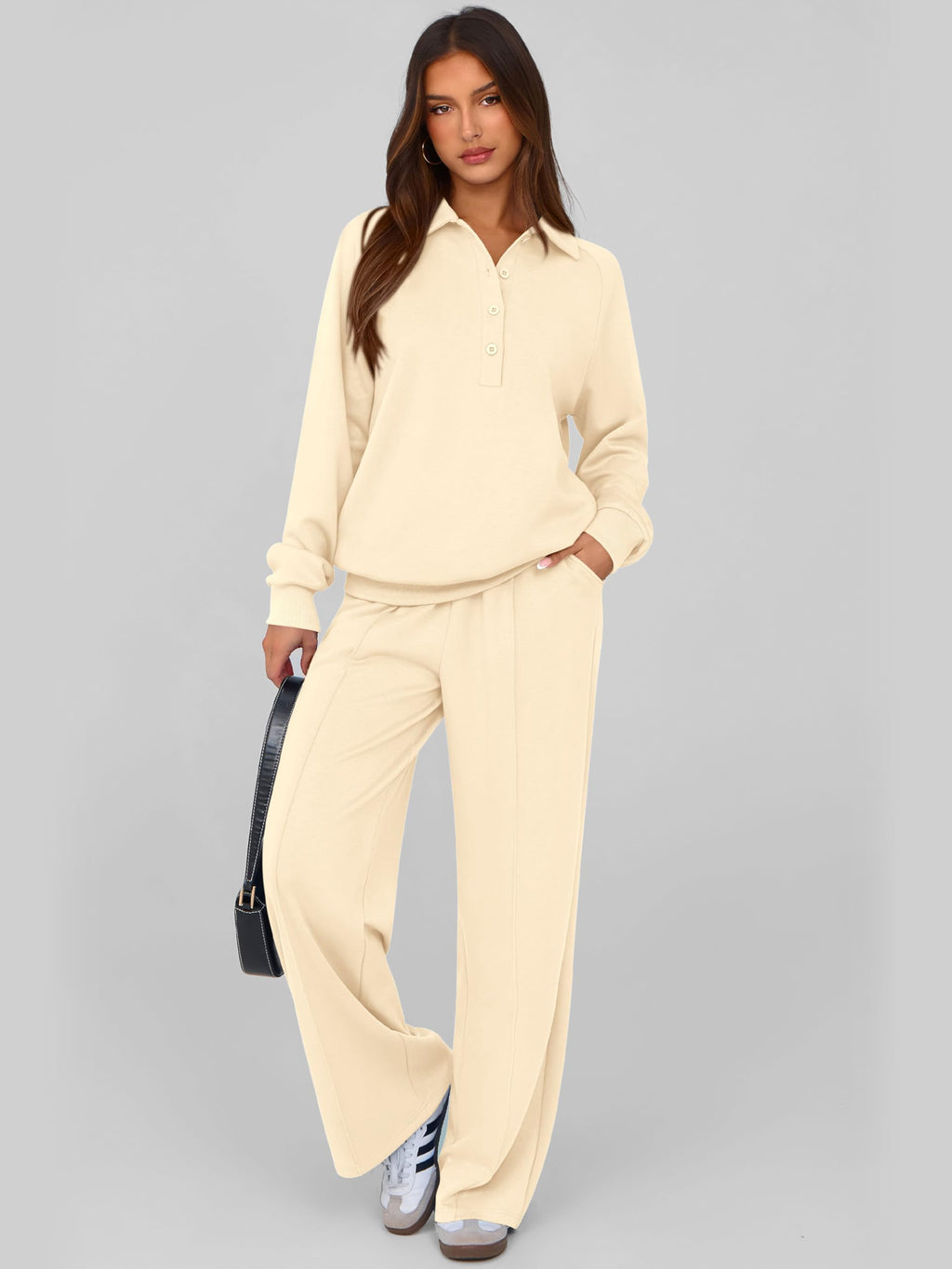PRETTYGARDEN Women Fall 2 Piece Outfits Sweatsuits Lounge Sets Quarter Button Long Sleeve Sweatshirt, Wide Leg Sweat Pants, Casual 2 Piece Sets Tracksuit, Airport Travel Outfits for Women