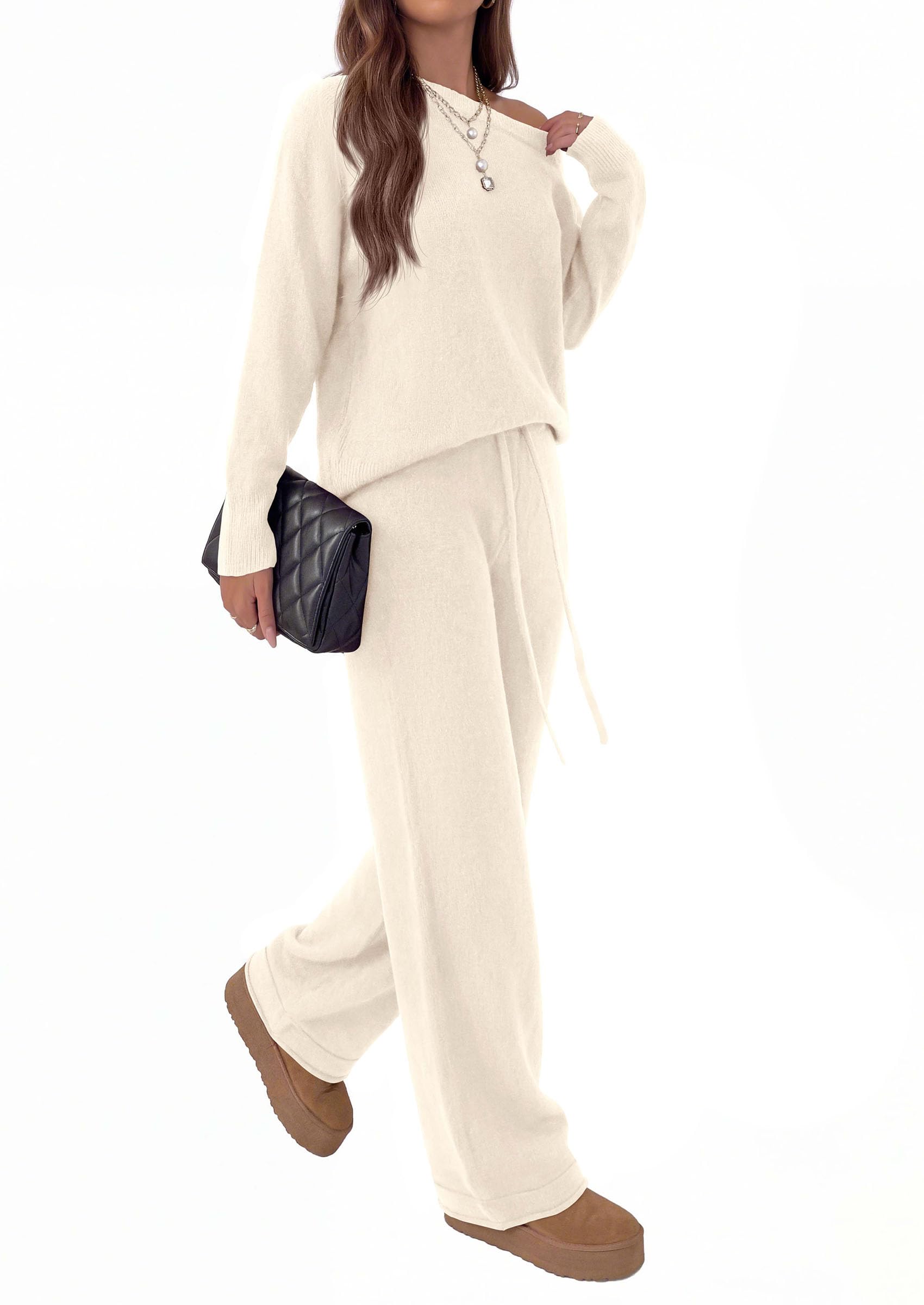 PRETTYGARDEN Lounge Sets Womens Sweaters Two Piece Outfits Cozy Boat Neck Long Sleeve Tops, Wide Leg Pants with Drawstring, Casual Fall Fashion Airport & Travel, Knit Matching Set