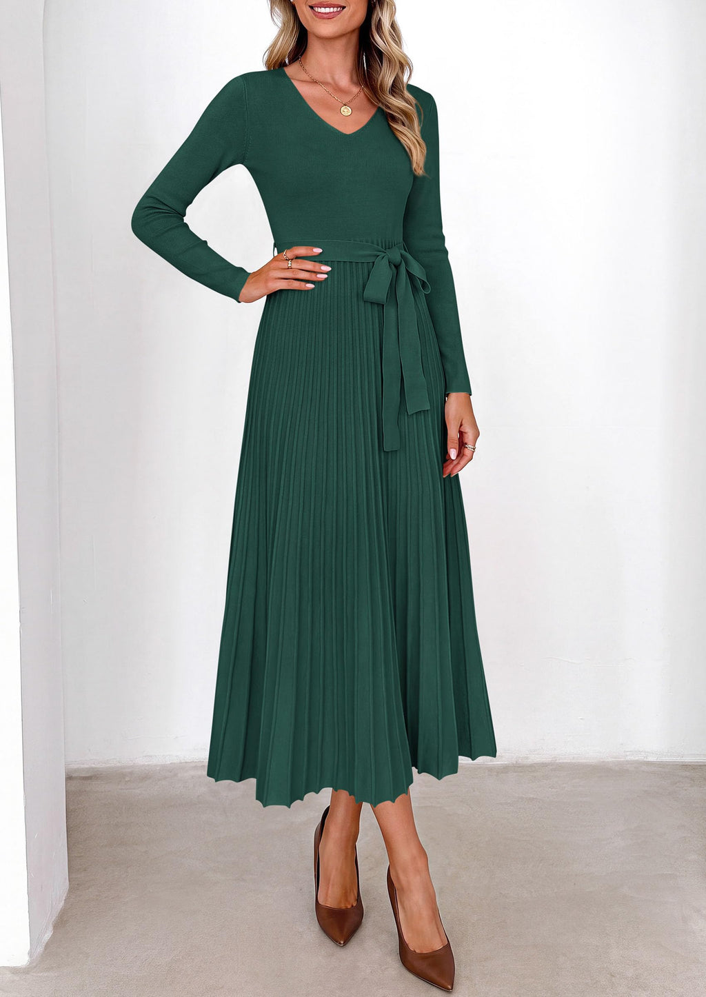 PRETTYGARDEN Womens Fall Maxi Long Sleeve Sweater Dress Soft Stretchy Knit, V Neck A Line Dresses with Bow, Flowy Pleated Hem, Cocktail Party Outfits, Trendy Winter Clothes