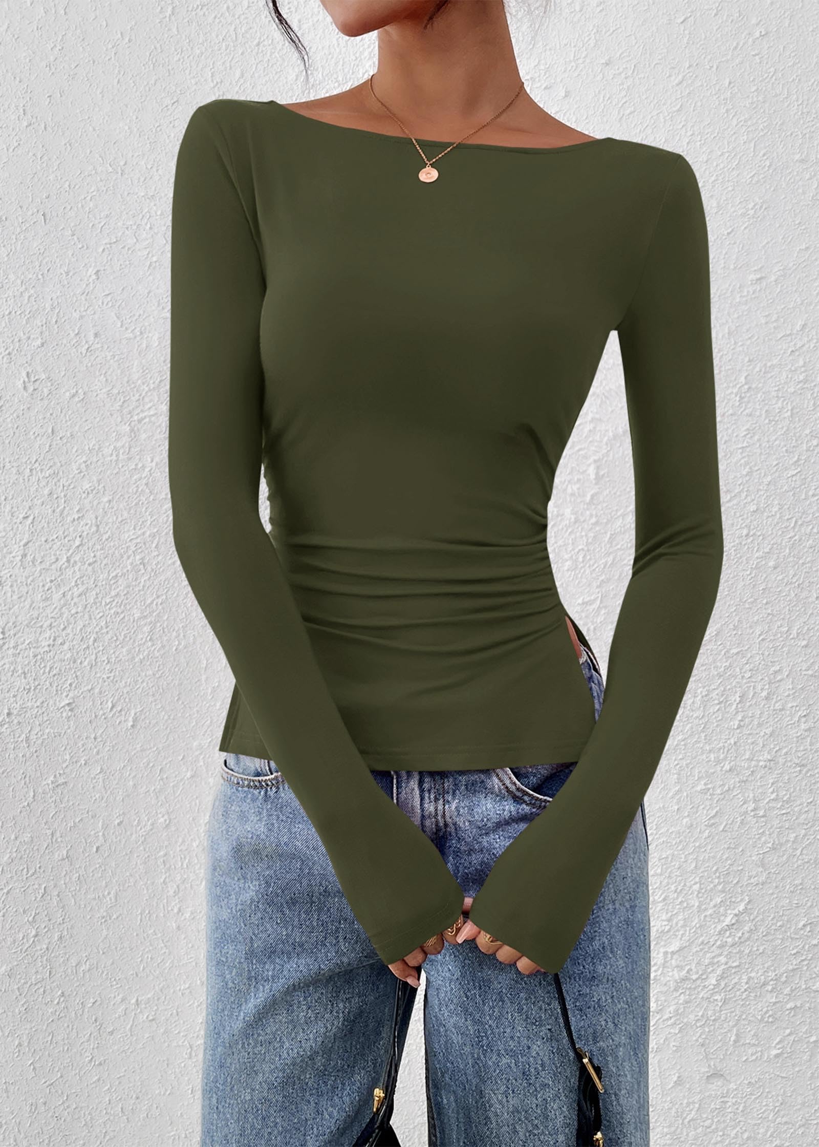 FreshPretty Long Sleeve Shirts for Women Fall Casual Boat Neck Knit Workout Going Out Tops Fitted Side Slit Basic Tees