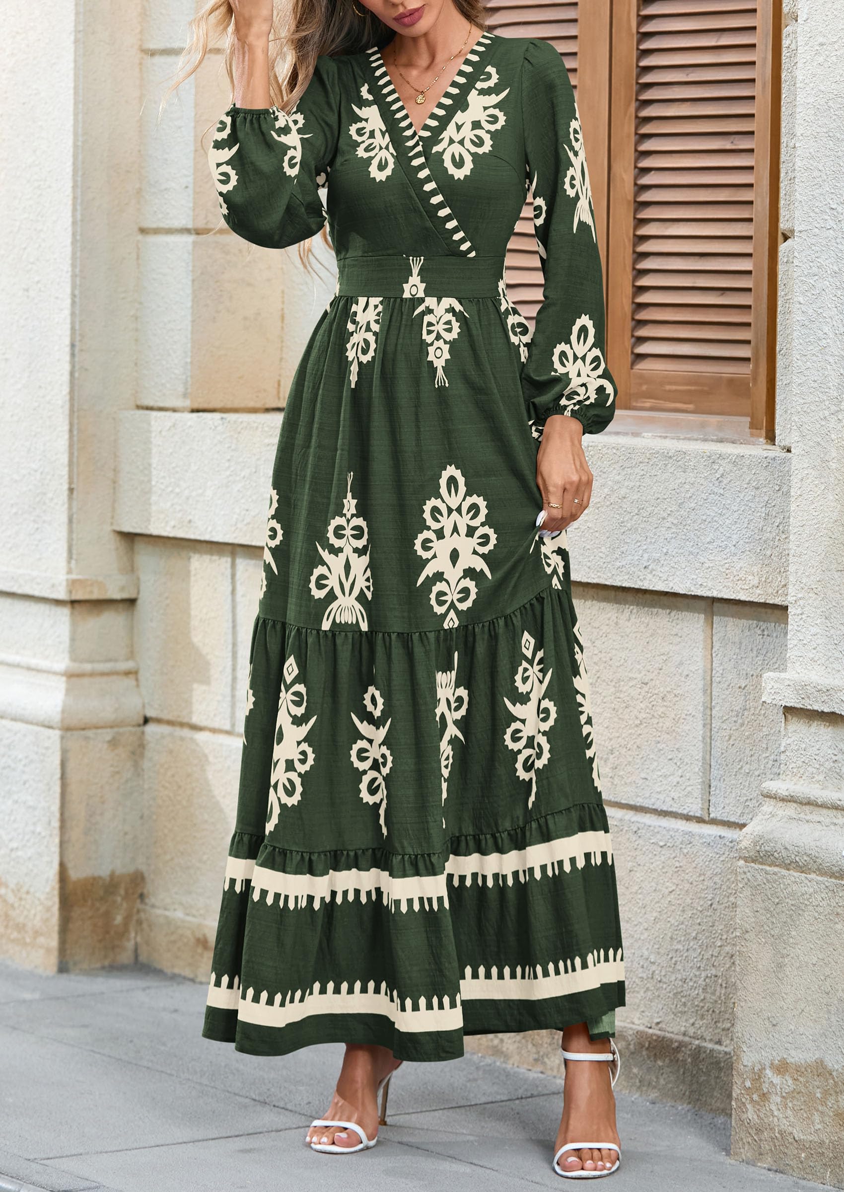 PRETTYGARDEN Women's Fall Wedding Guest Dresses Boho Floral Long Sleeve V Neck Flowy Elegant Maxi Dress Beach Clothes