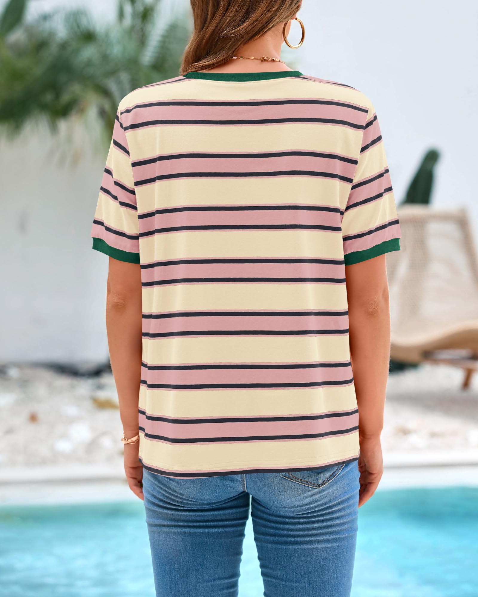 BTFBM Summer Tops for Women Crewneck Short Sleeve Striped T Shirts Casual Spring Clothes Color Block Basic Tee Blouses