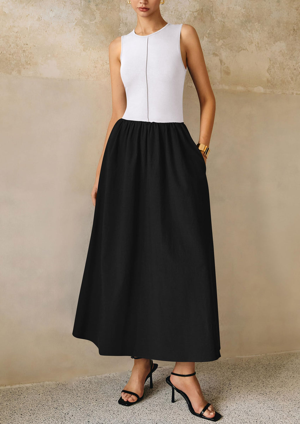 PRETTYGARDEN Maxi Dresses for Women Summer Casual Sleeveless Patchwork Flowy Vacation Sundress Knit Long Work Tank Dress