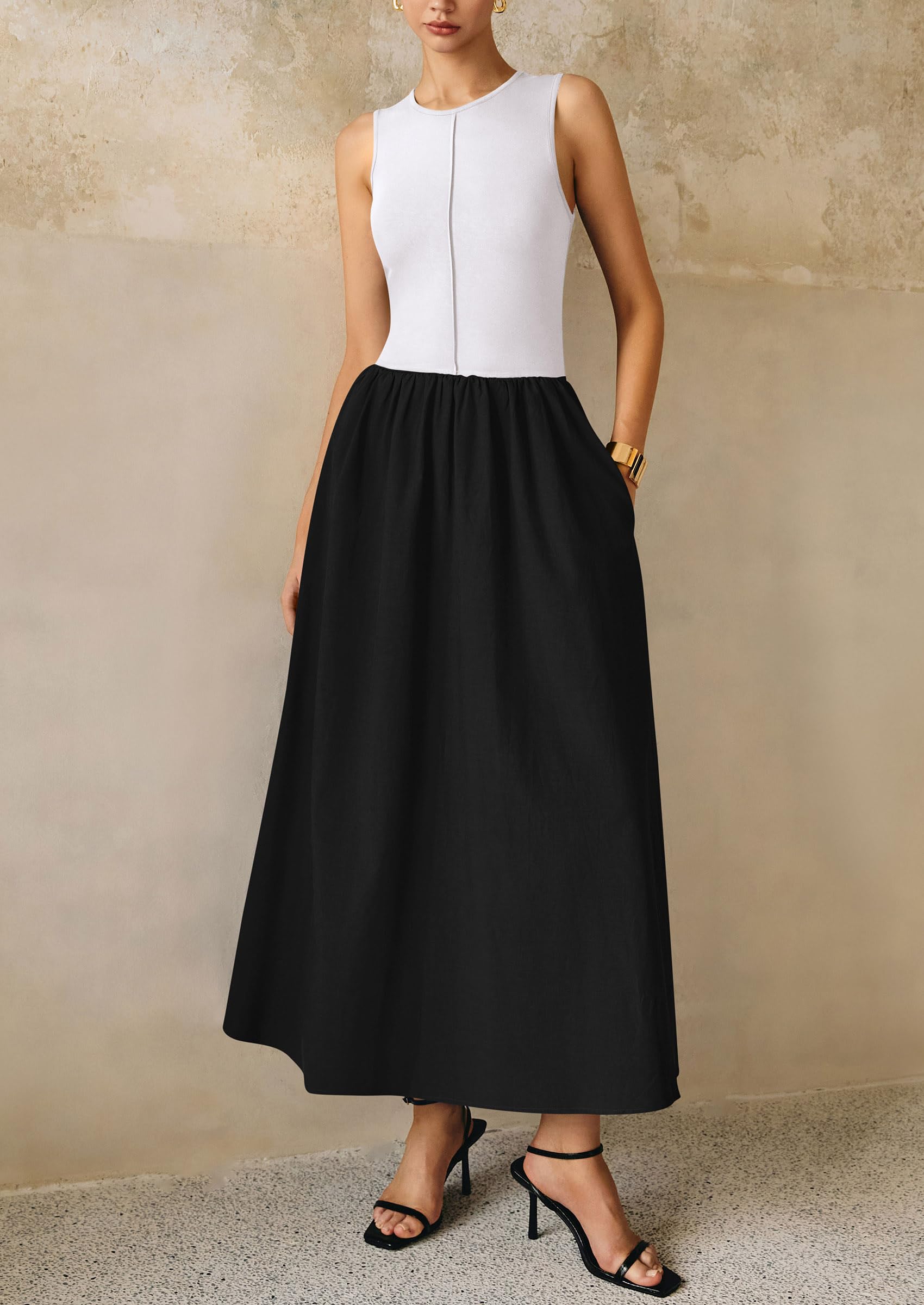 PRETTYGARDEN Maxi Dresses for Women Summer Casual Sleeveless Patchwork Flowy Vacation Sundress Knit Long Work Tank Dress
