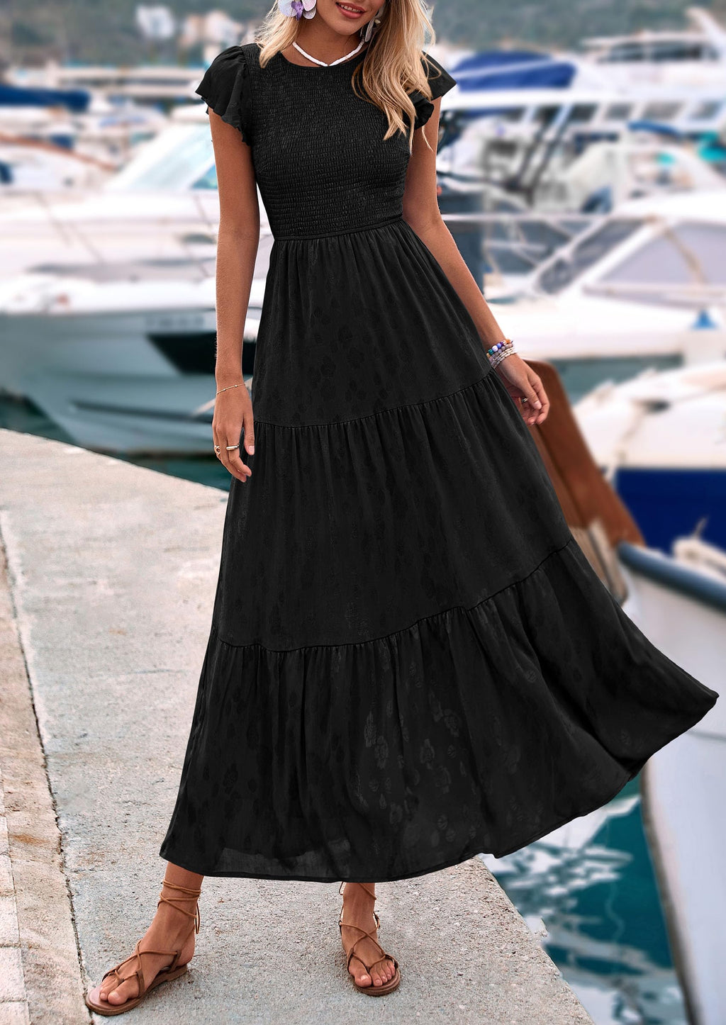 PRETTYGARDEN Wedding Guest Dresses for Women Summer Floral Cap Sleeve Smocked A Line Long Elegant Party Boho Dress