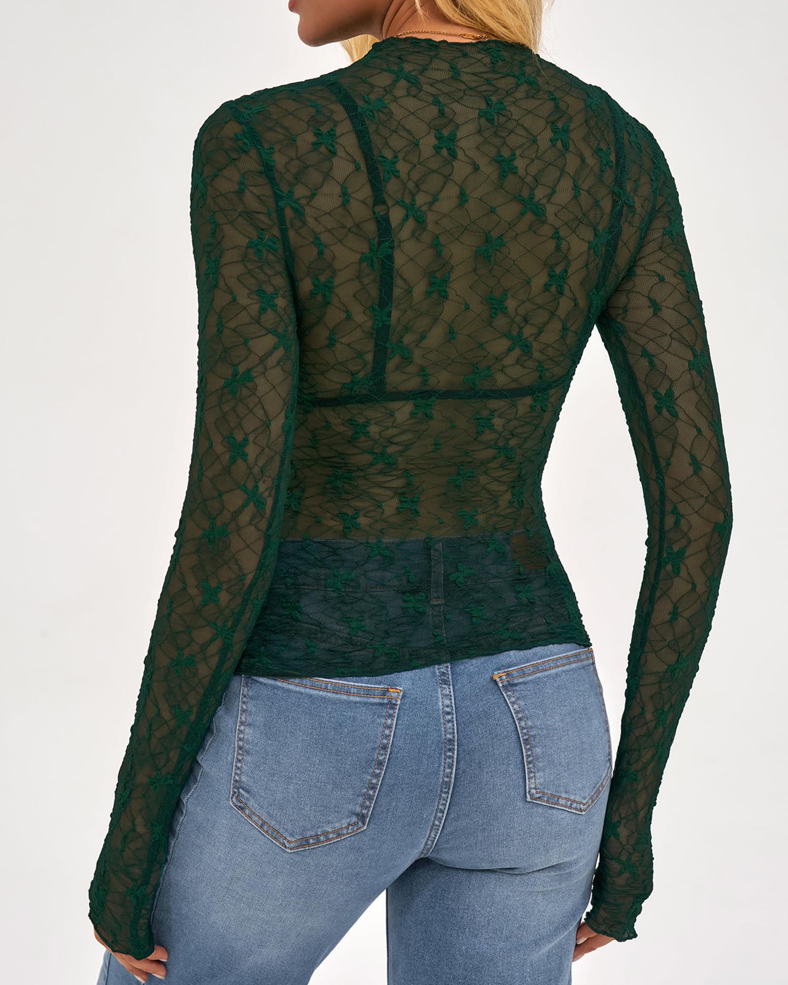 FreshPretty  Mesh Lace Tops Long Sleeve Shirts for Women Spring Fall See Through Crew Neck Slim Fitted Party Club Outfits