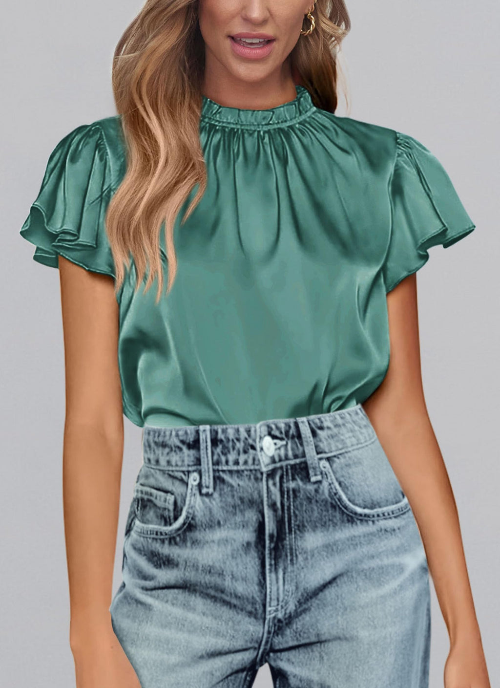 PRETTYGARDEN Business Casual Tops for Women Blouses Dressy  Summer Short Sleeve Ruffle Satin Work Office Attire
