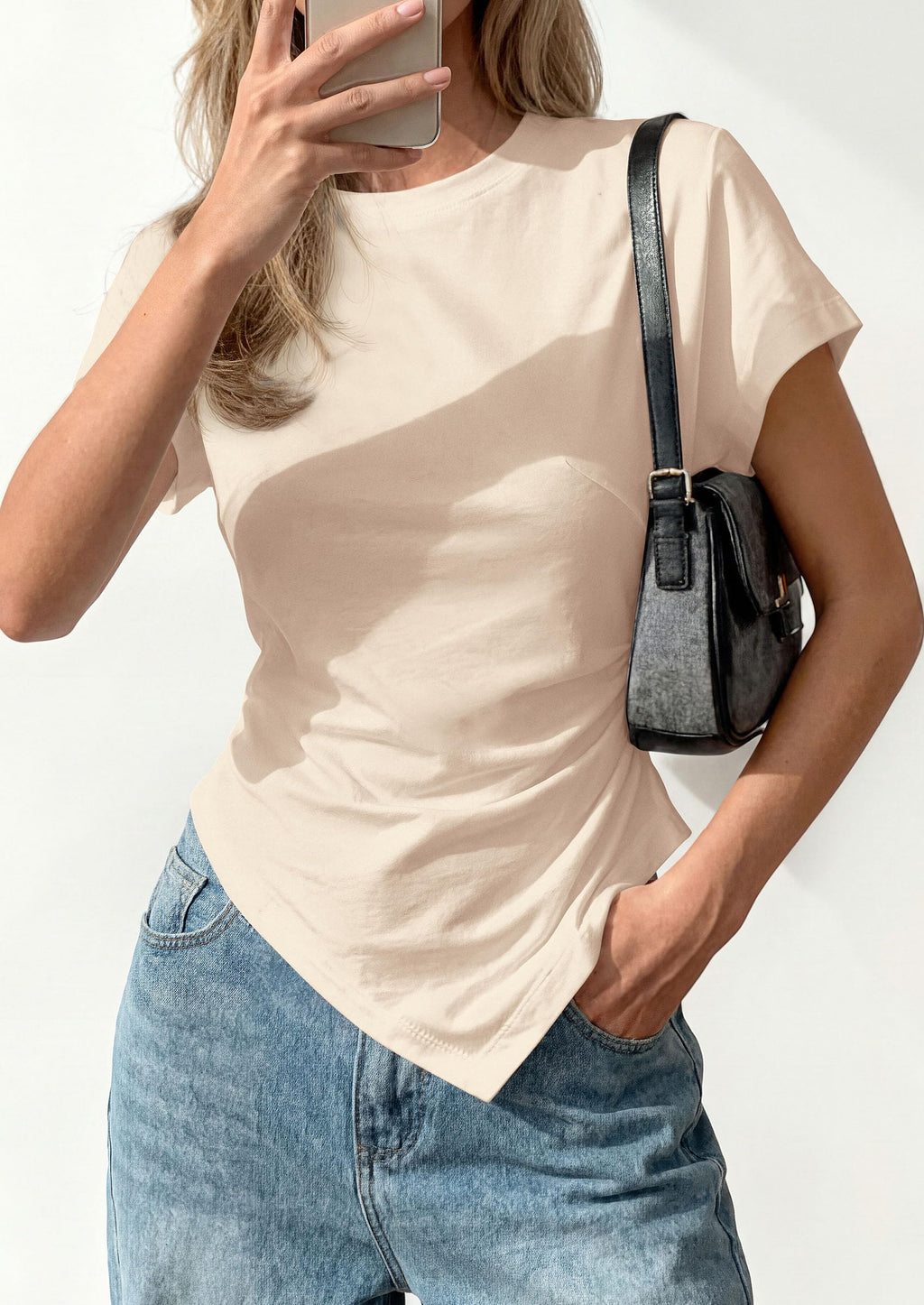 PRETTYGARDEN Womens Short Sleeve Crew Neck Trendy Shirts Spring Summer Y2K Going Out Tops Asymmetrical Ruched Blouse