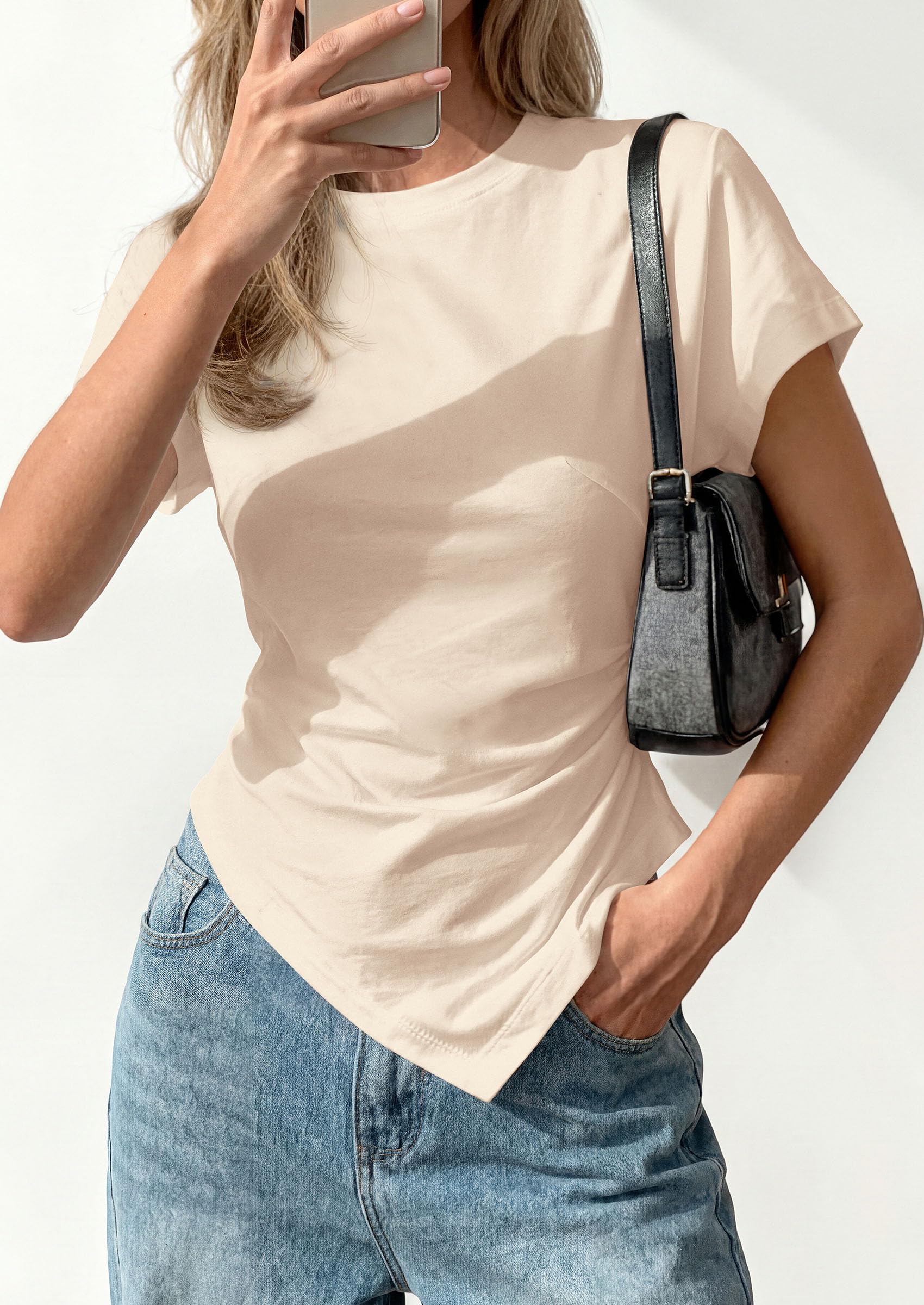 PRETTYGARDEN Womens Short Sleeve Crew Neck Trendy Shirts Spring Summer Y2K Going Out Tops Asymmetrical Ruched Blouse