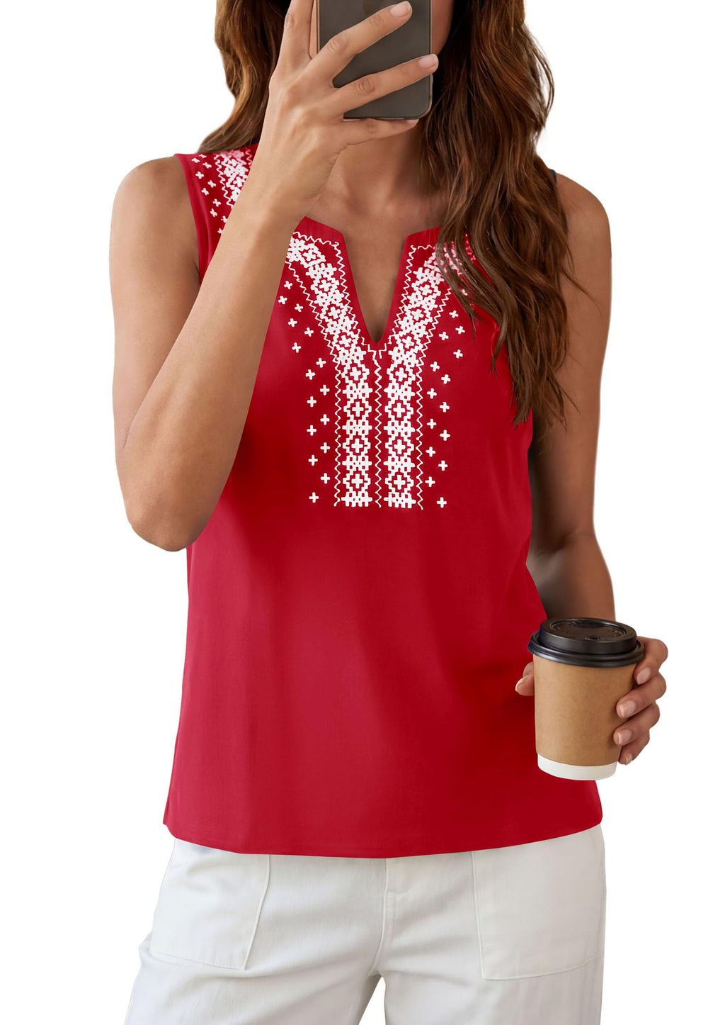 PRETTYGARDEN Womens Tank Tops Summer Causal V Neck Sleeveless Shirts Floral Print Embroidered Beach Vacation Boho Top