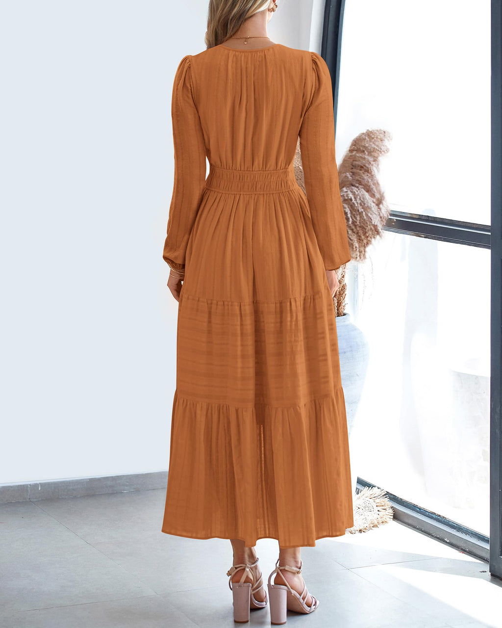 BTFBM Spring Dresses for Women 2026 Casual Long Sleeve V Neck Elastic Waist Lightweight Maxi Wedding Guest Dress Pockets