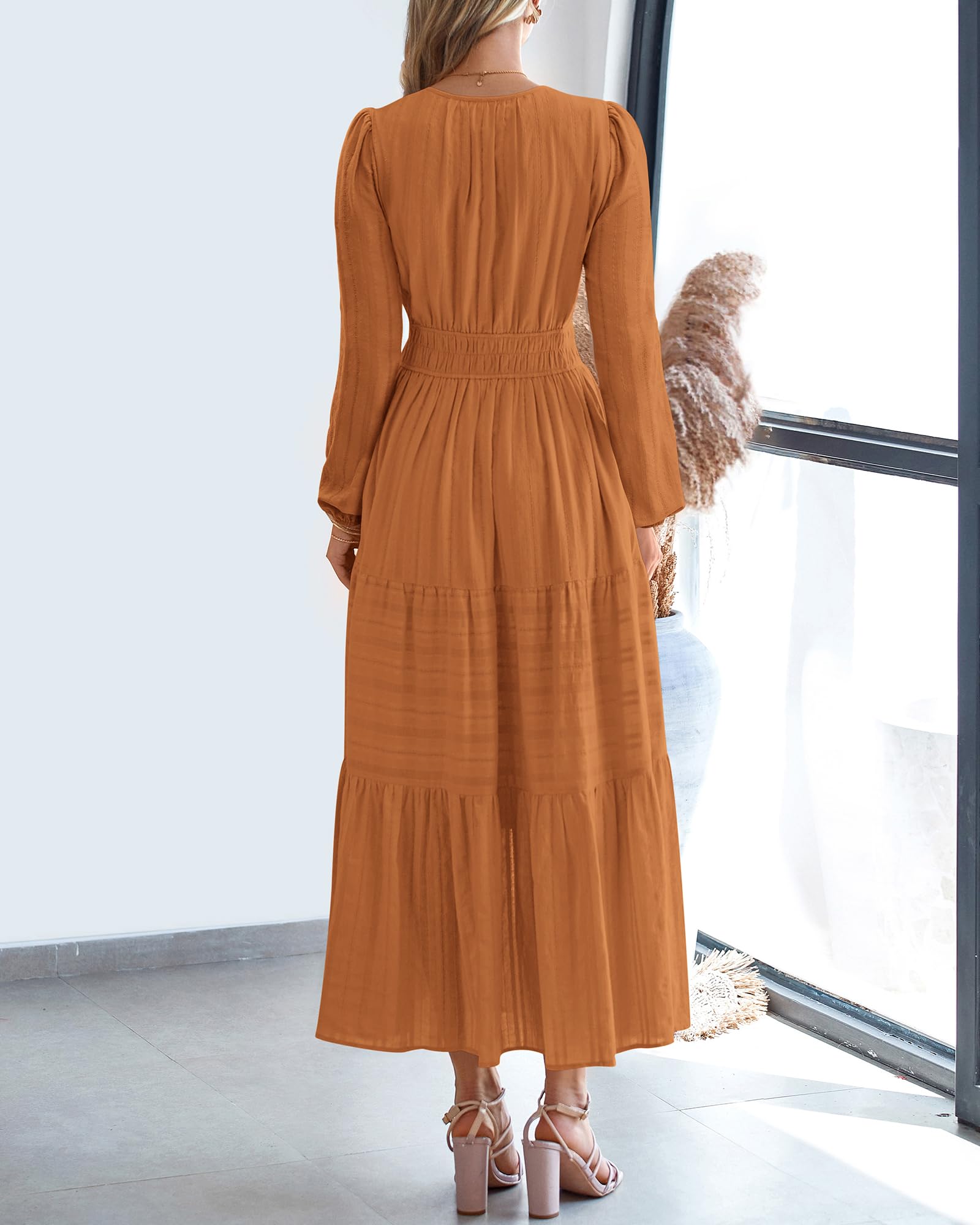 BTFBM Spring Dresses for Women 2026 Casual Long Sleeve V Neck Elastic Waist Lightweight Maxi Wedding Guest Dress Pockets