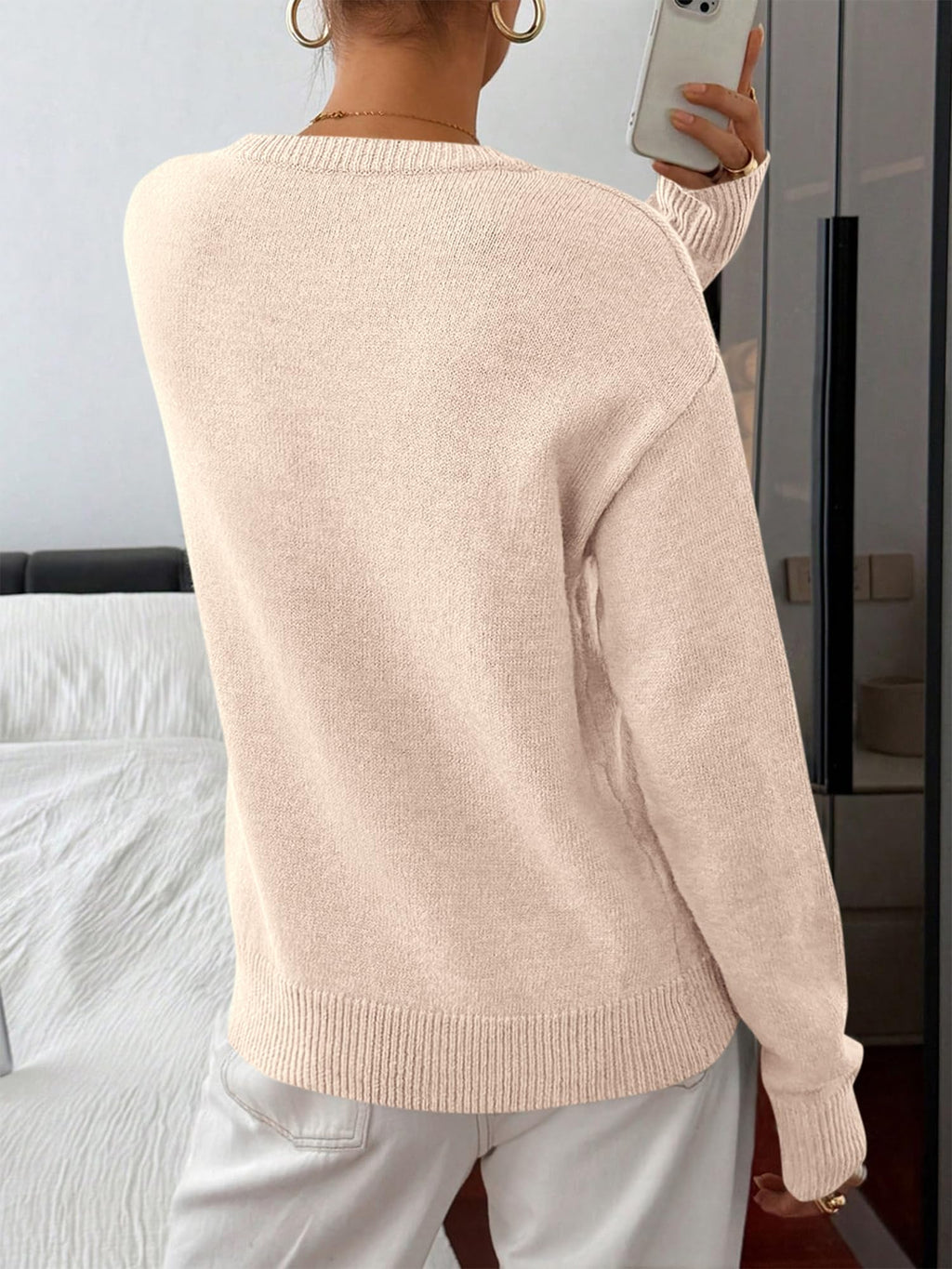 BTFBM Women Long Sleeve Crew Neck Sweaters Tops, 2 in1 Knitted Pullover, Deco Buttons, Oversized, Stretchy, Vacation, Business Casual Outfits, Fall Winter Trendy