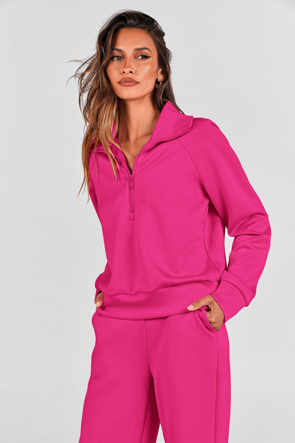 PRETTYGARDEN Women's 2 Piece Outfits Casual Lapel Half Zip Sweatshirts and Wide Leg Pants Tracksuit Sets