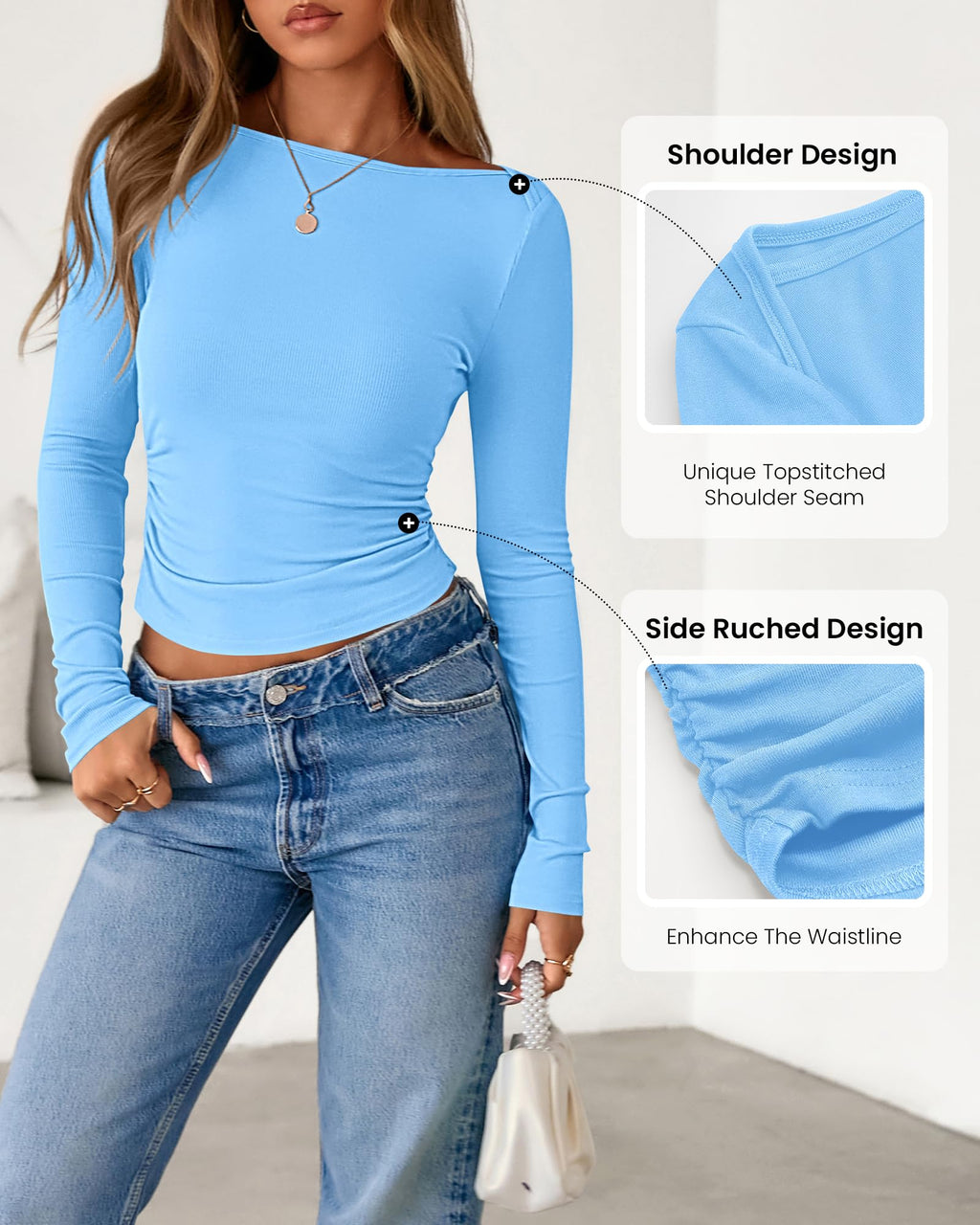 FreshPretty Womens Long Sleeve Tops Fall Fashion Ribbed Slim Fit Y2K Boat Neck T Shirts Casual Going Out Workout Outfits