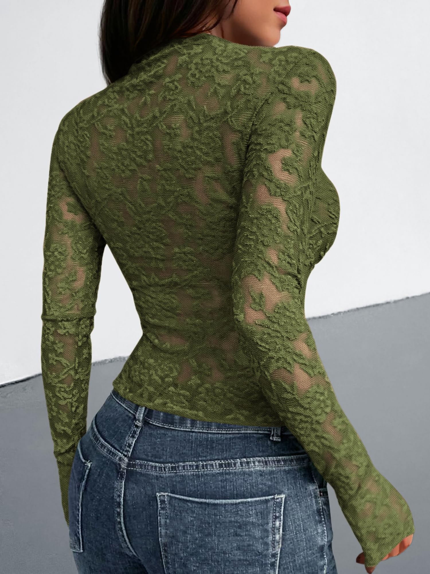 BTFBM Mesh Long Sleeve Tops for Women Lace Sheer Tight See Through Crew Neck Spring Fall Party Club Outfits