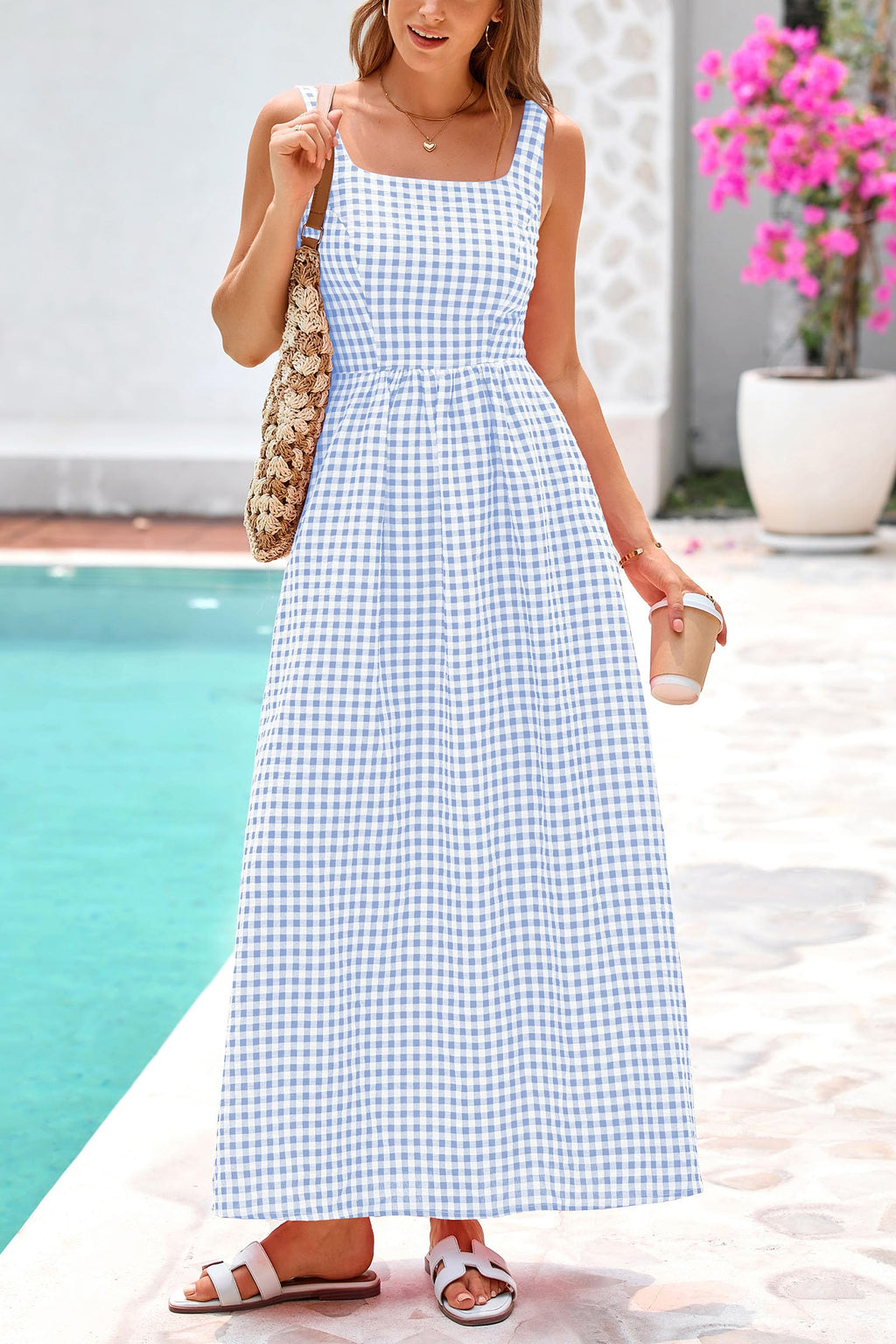 PRETTYGARDEN Women's Summer Spaghetti Strap Maxi Dresses Plaid Square Neck A Line Casual Beach Vacation Long Sundress