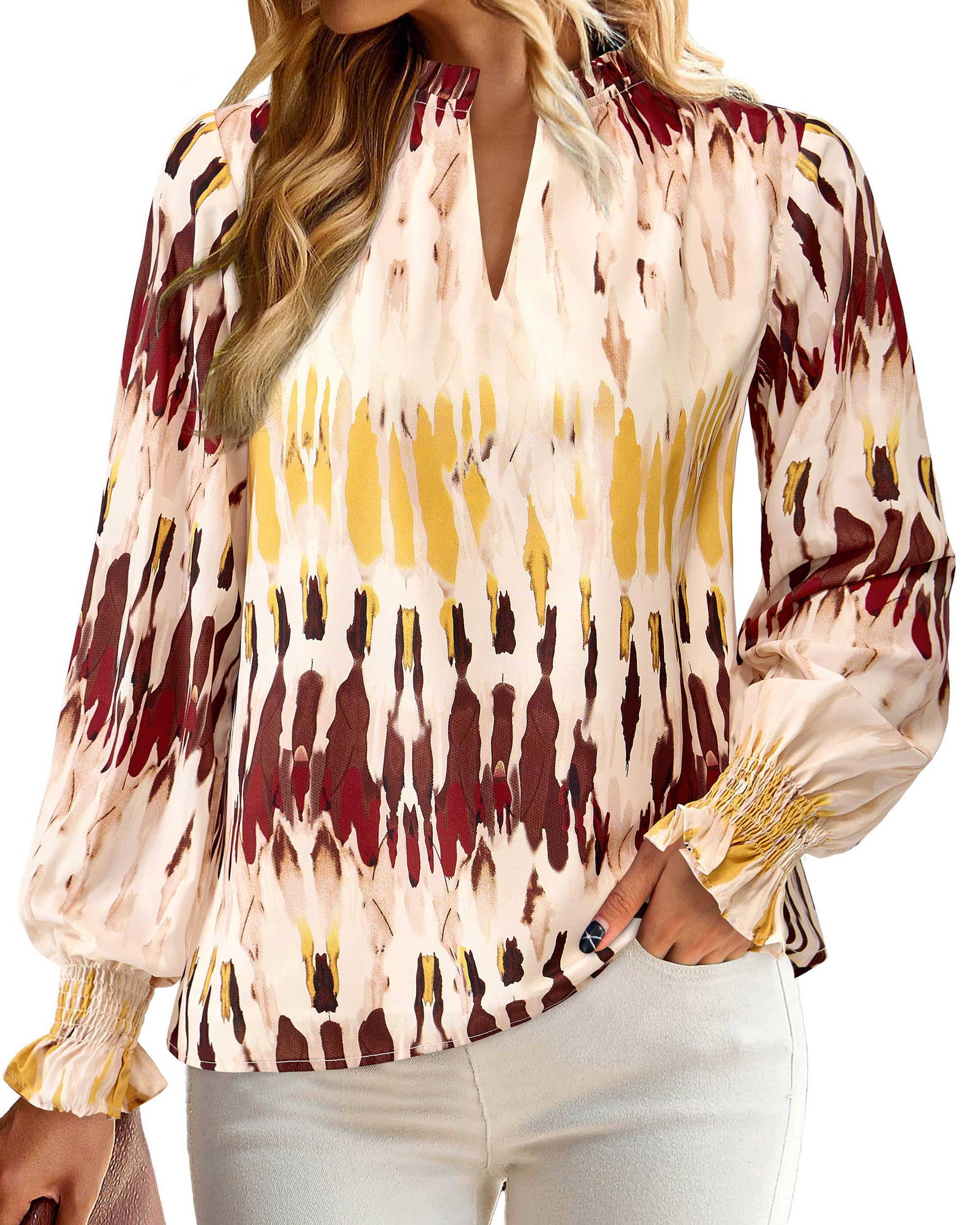 FreshPretty Womens V Neck Floral Long Sleeve Tops Summer Casual Loose Puff Sleeve Chiffon Boho Work Blouse Dressy T Shirts