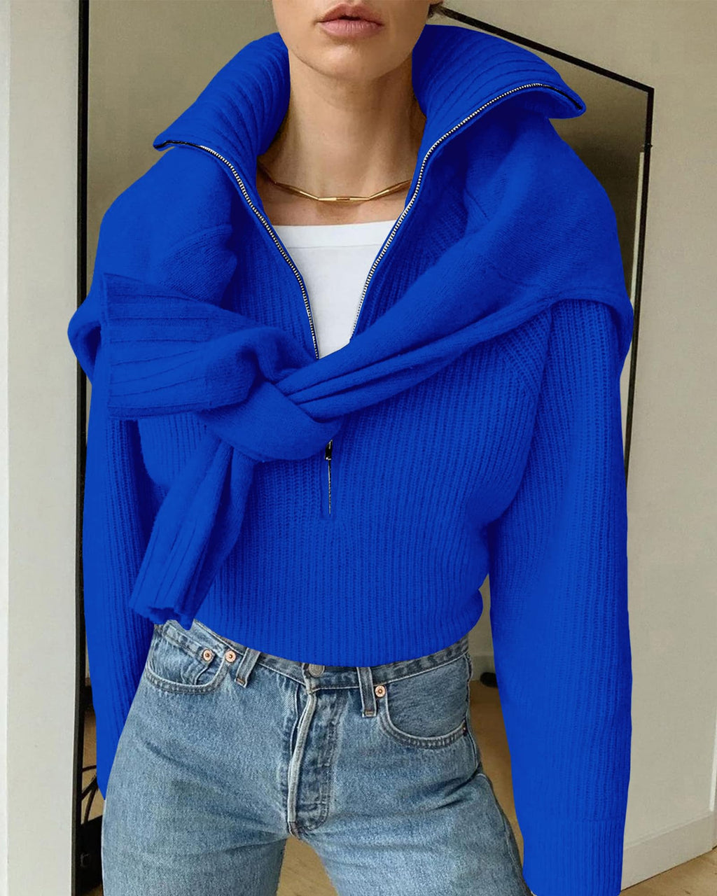 FreshPretty Womens Sweaters Quarter Zip Pullover V Neck Collar Long Sleeve Ribbed Knit Loose Casual Winter Fall Sweater