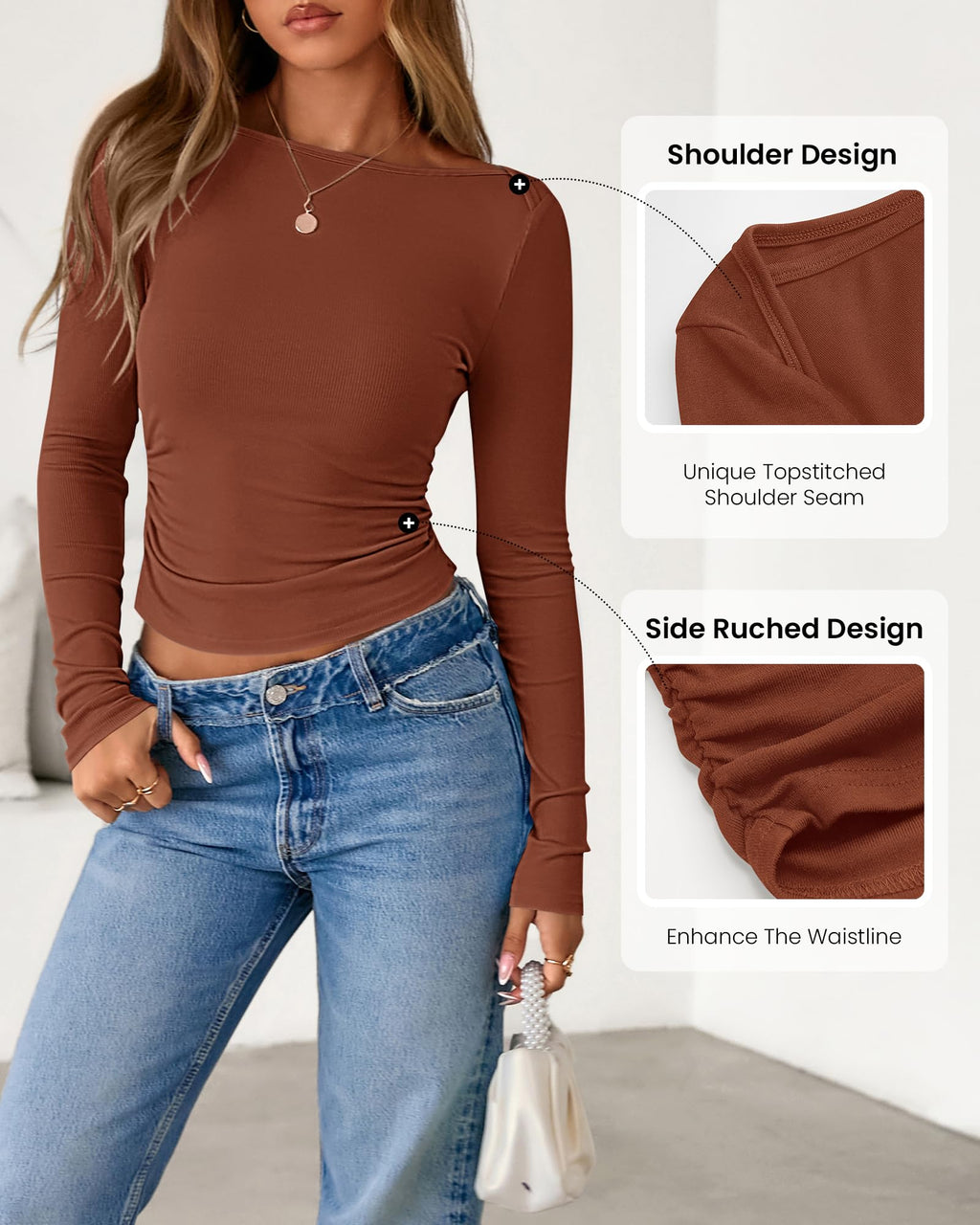 FreshPretty Womens Long Sleeve Tops Fall Fashion Ribbed Slim Fit Y2K Boat Neck T Shirts Casual Going Out Workout Outfits