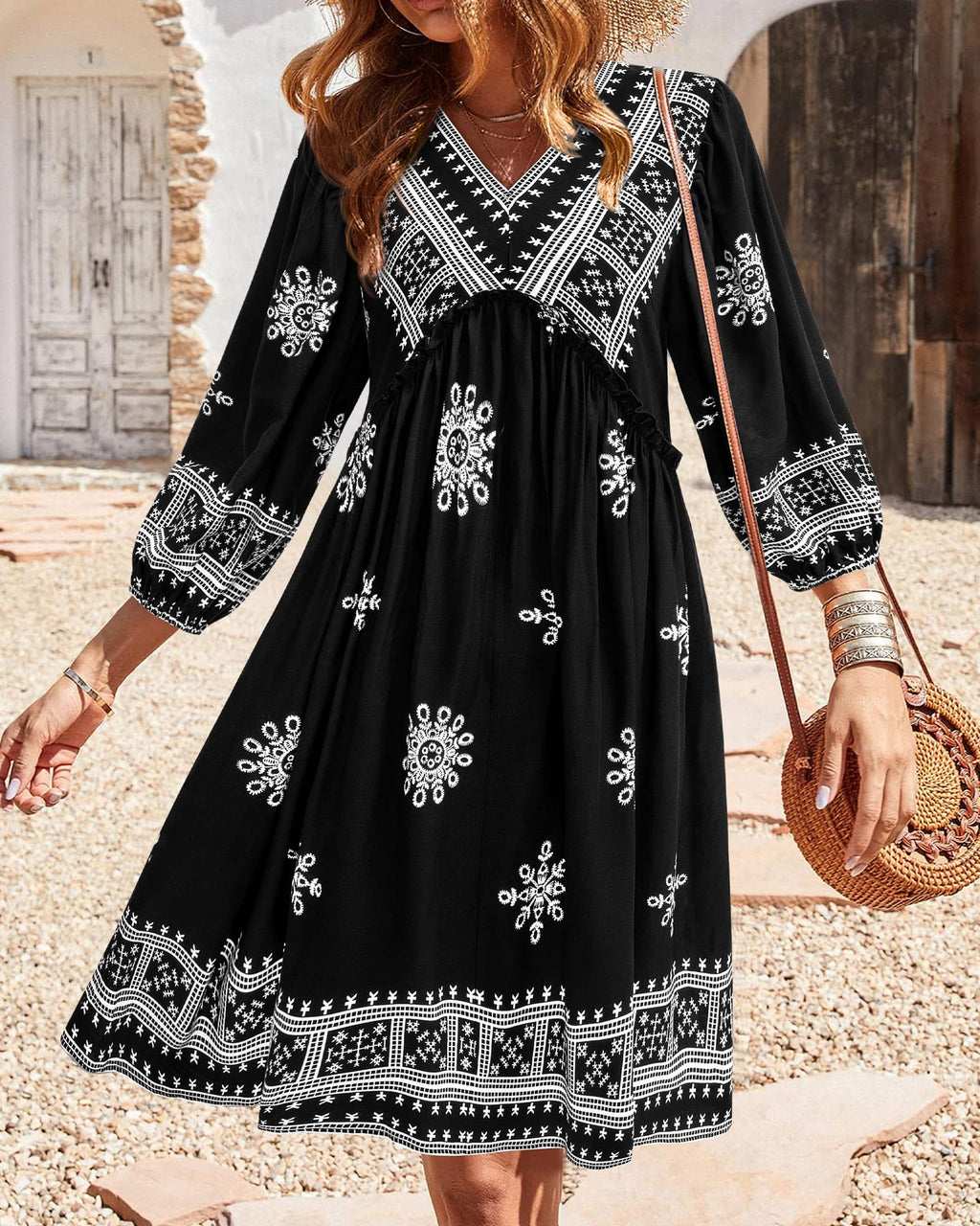 BTFBM Women Casual Spring Summer Dresses V Neck 3/4 Long Sleeve Ruffle Floral Flowy Boho Babydoll Mini Short Beach Dress