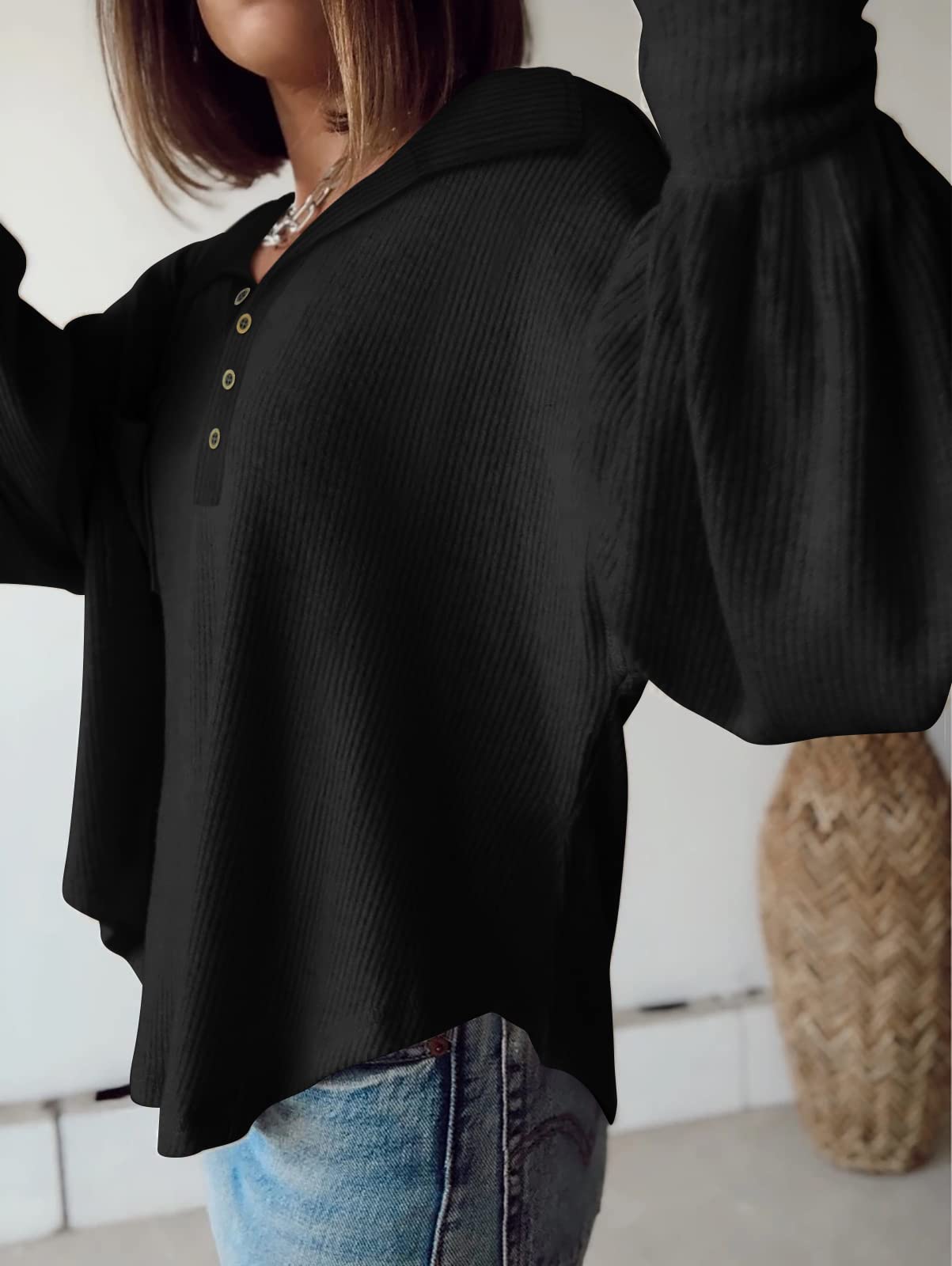 BTFBM Womens Fall Fashion Long Sleeve Shirts Casual V Neck Ribbed Knit Blouses Pullover Trendy Loose Fit Tunic Tops