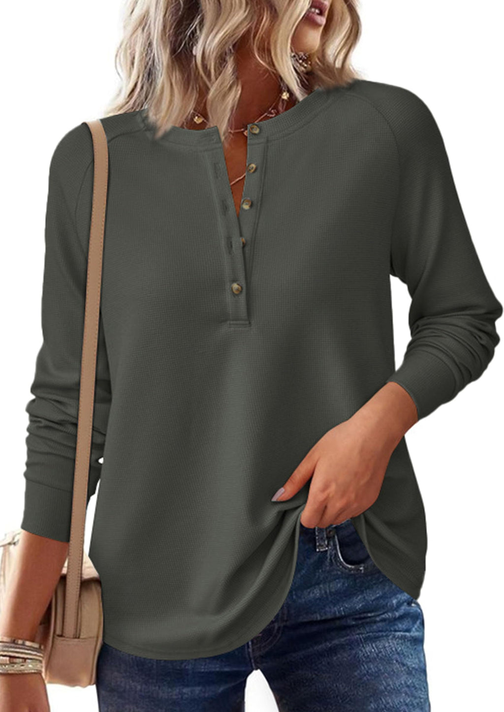 PRETTYGARDEN Women's Long Sleeve Waffle Knit Shirts Fall Casual Button Up Henley V Neck Tunic Tops Loose Fit Basic Tees