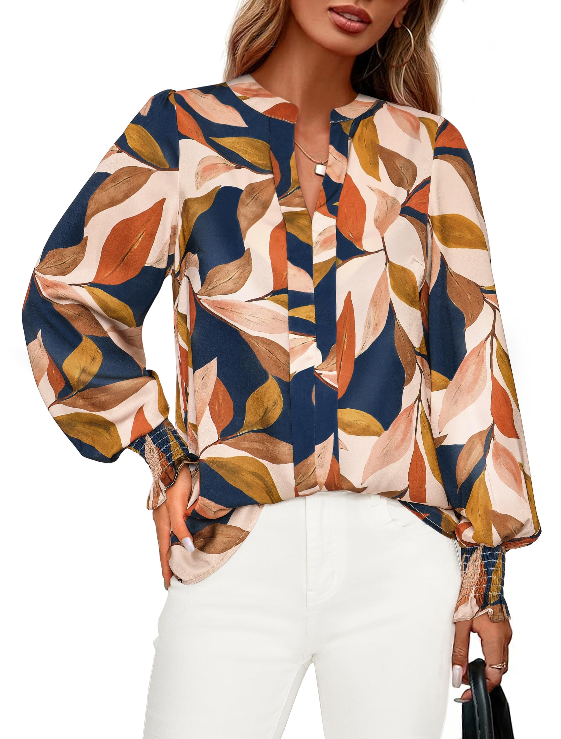 FreshPretty Womens Boho Floral Long Sleeve Tops Fall Fashion V Neck Loose Chiffon Work Blouses Dressy Casual Ruffle Shirts