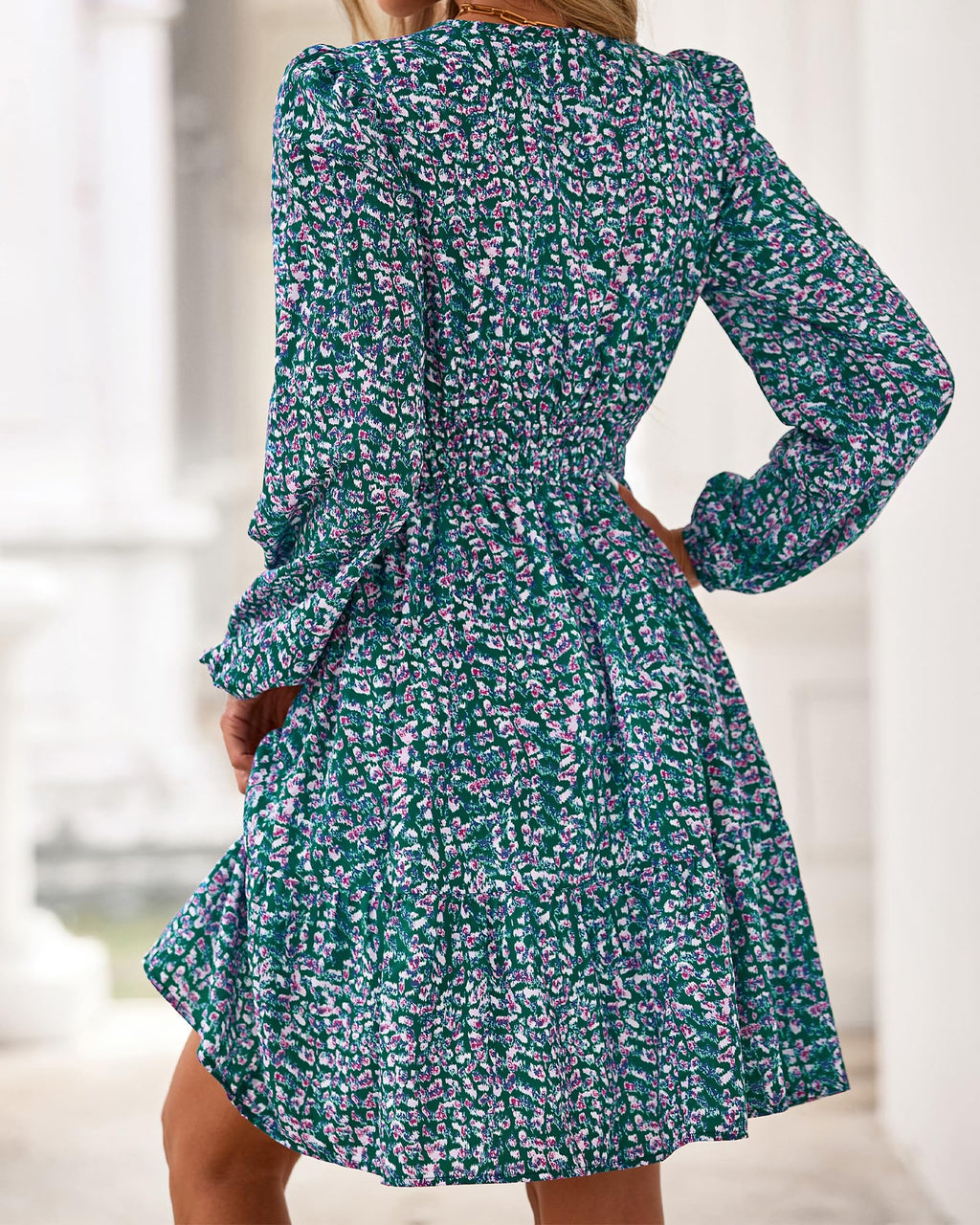 BTFBM Spring Dresses for Women Mini Long Sleeve Elastic Waist Summer Vacation Outfits Floral Wedding Guest Dress