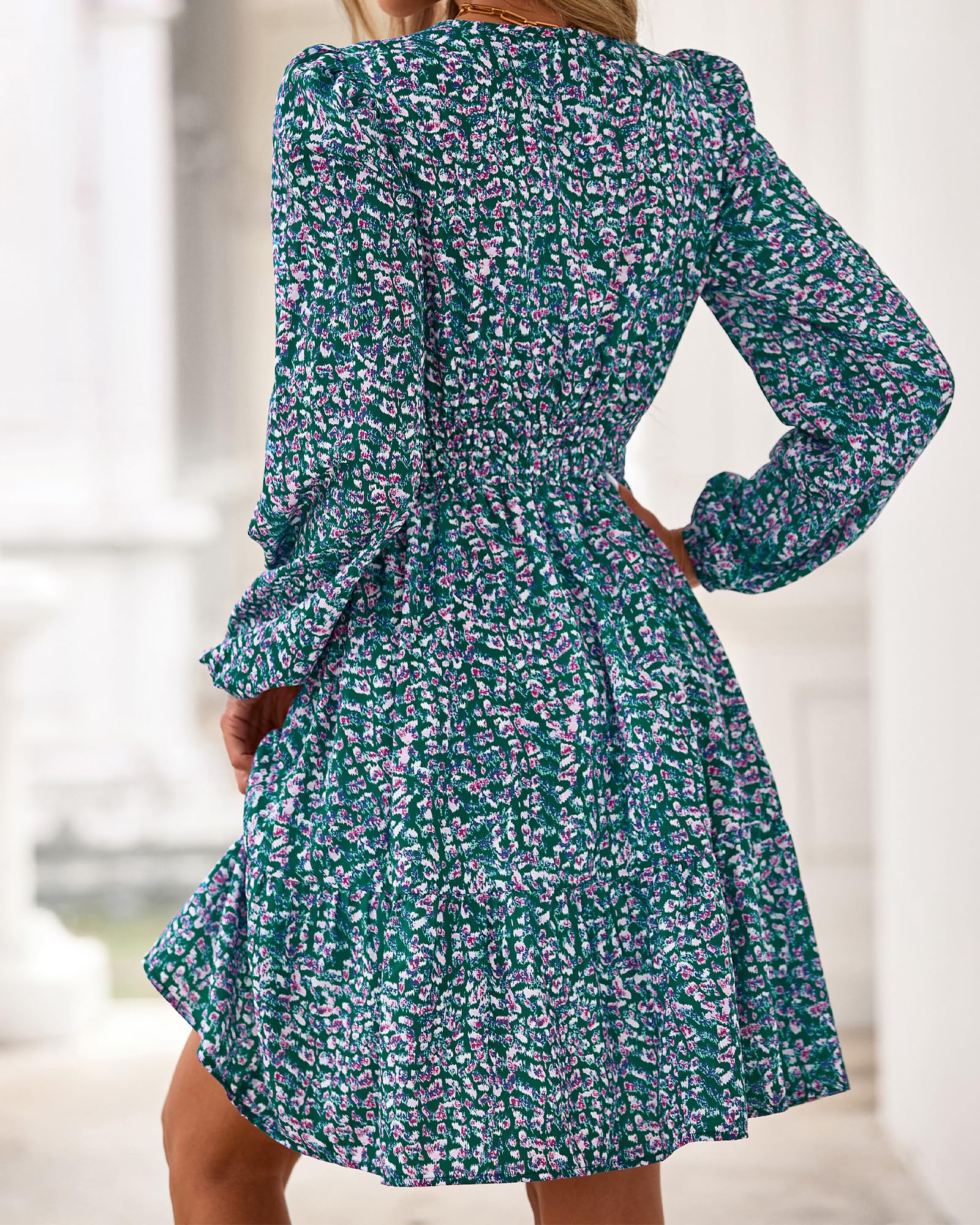 BTFBM Spring Dresses for Women Mini Long Sleeve Elastic Waist Summer Vacation Outfits Floral Wedding Guest Dress