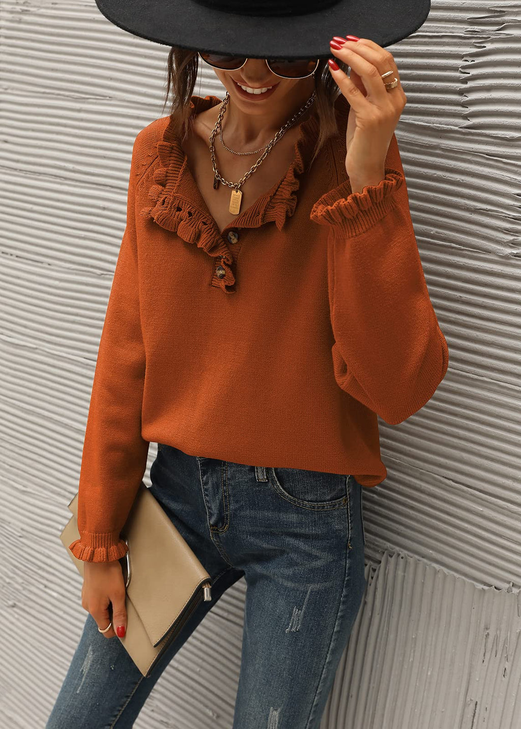 BTFBM Womens Sweaters Fall Winter Clothes Long Sleeve Button Down Ruffle Crew Neck Casual Knitted Pullover Tops