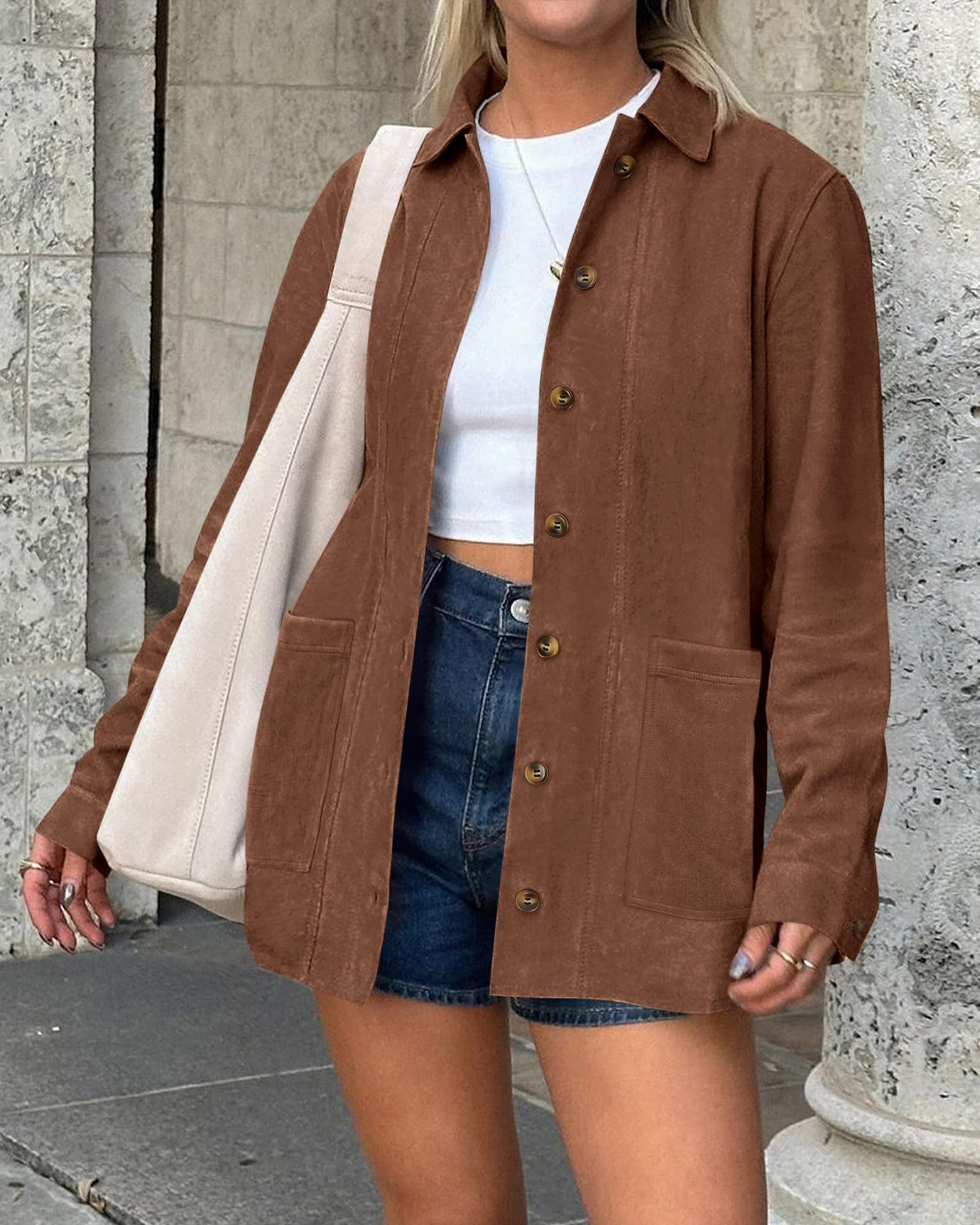 BTFBM Faux Suede Jacket Women Fall Fashion Leather Jackets Long Sleeve Button Down Winter Coats Shackets Outerwear