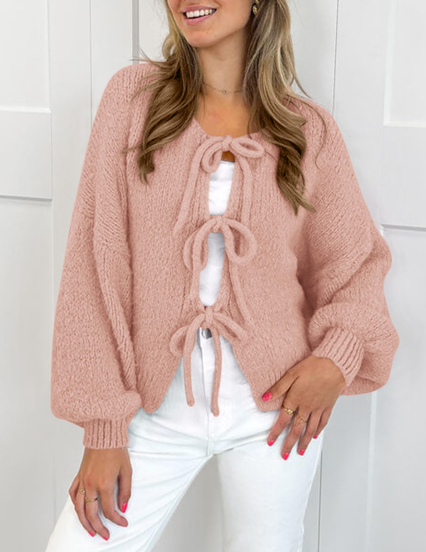 PRETTYGARDEN Women's Tie Front Bow Cardigan Sweaters Chunky Knit Long Puff Sleeve Trendy Fall Winter Jacket Coat