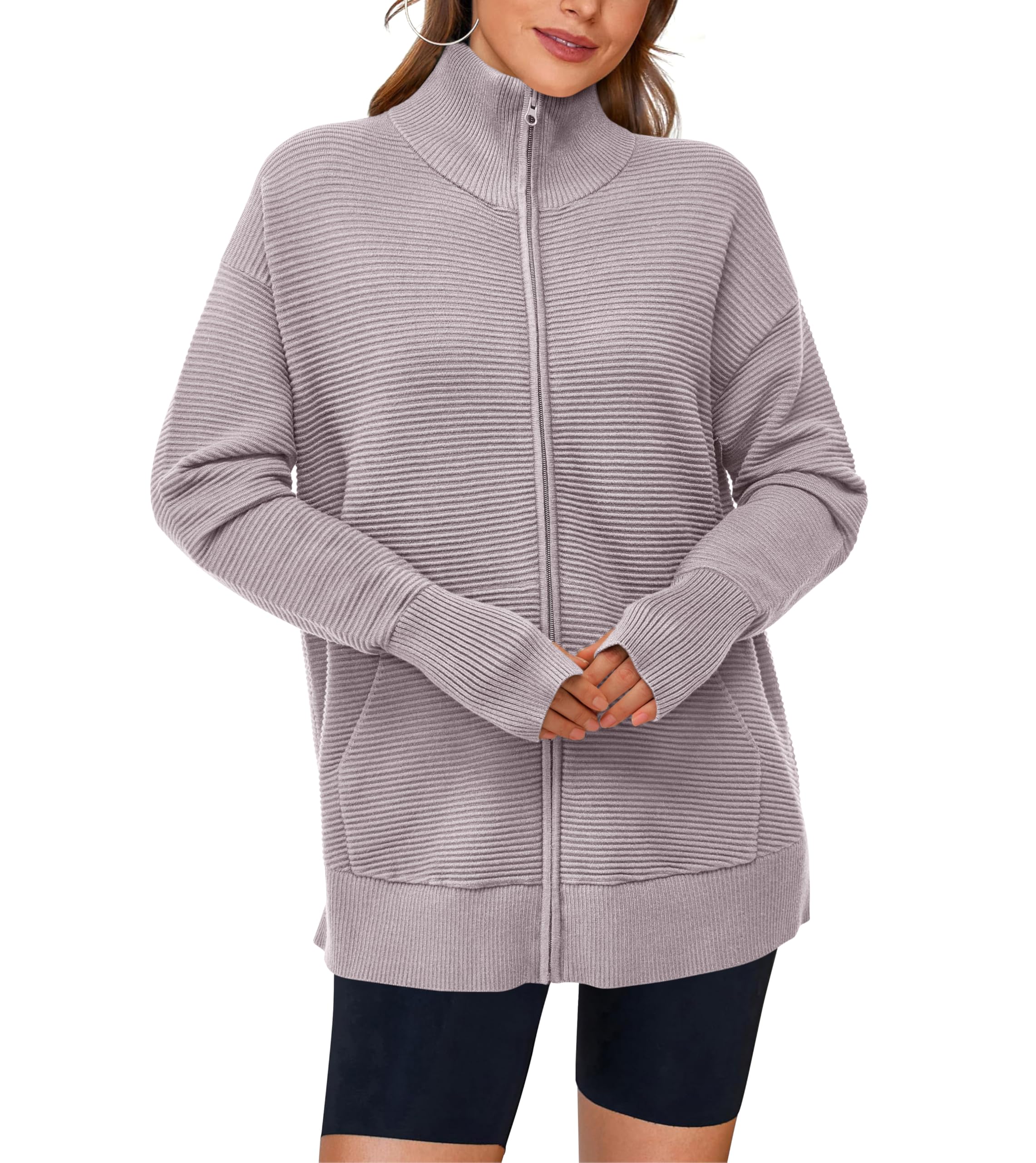 PRETTYGARDEN Womens Fall Long Sleeve Zip Up Cardigan Sweaters Casual Loose Collared Ribbed Knit Tops Jackets Thumb Hole