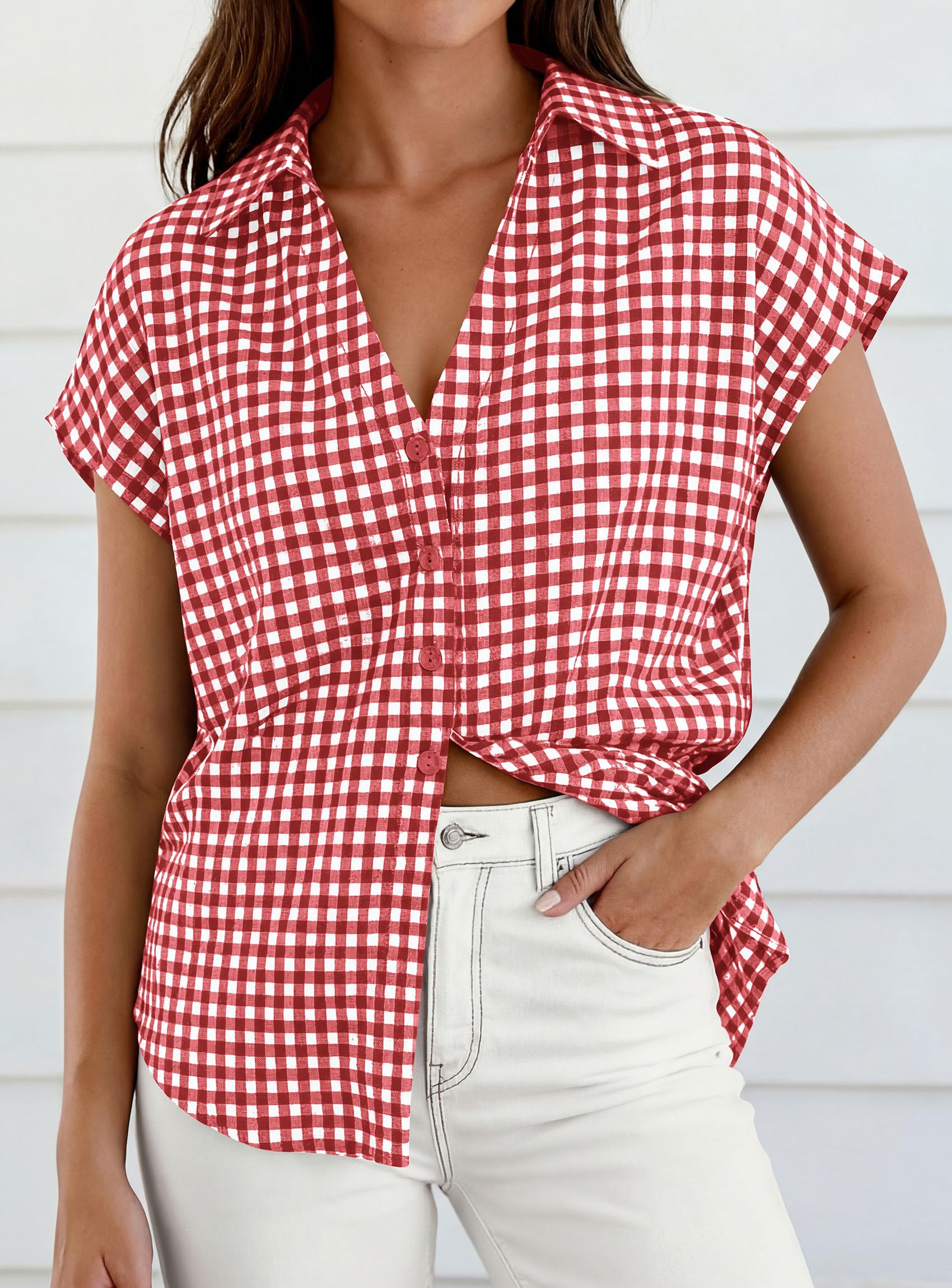PRETTYGARDEN Womens Short Sleeve Shirts Plaid Button Down Blouse Dressy Casual Summer Spring Business Gingham Work Tops