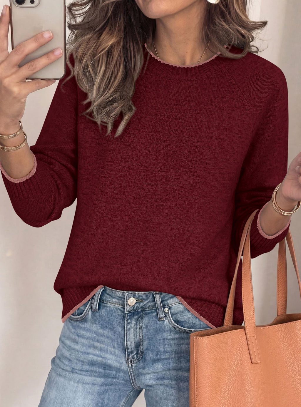 PRETTYGARDEN Womens Crewneck Fall Sweaters Pullover Tops Soft Stretchy Knit,Raglan Long Sleeve,Ribbed Cuffs,Color Block,Casual Daily Outfits,Office Work Clothes,Winter Layering Wear