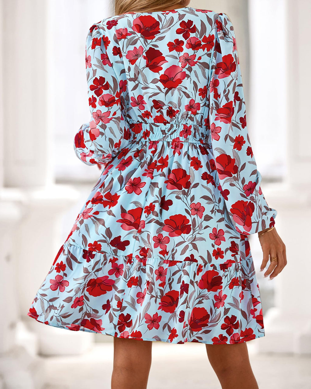 BTFBM Spring Dresses for Women Mini Long Sleeve Elastic Waist Summer Vacation Outfits Floral Wedding Guest Dress