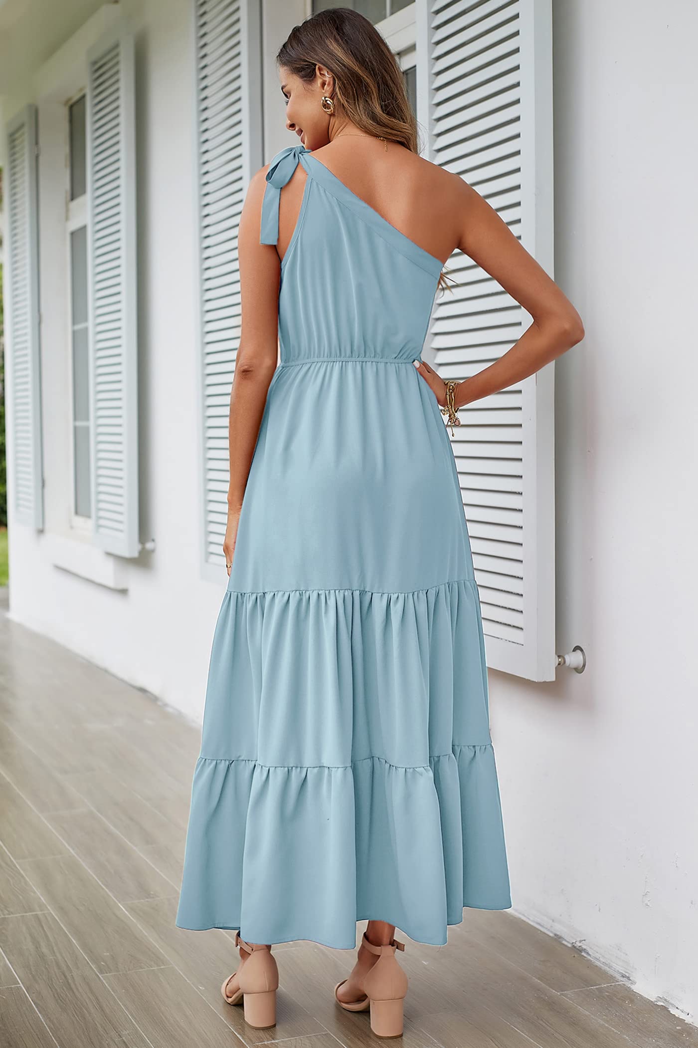 PRETTYGARDEN Women's Summer Floral One Shoulder Maxi Dress Knot Ruffle Boho Beach Vacation Wedding Guest Long Sun Dresses
