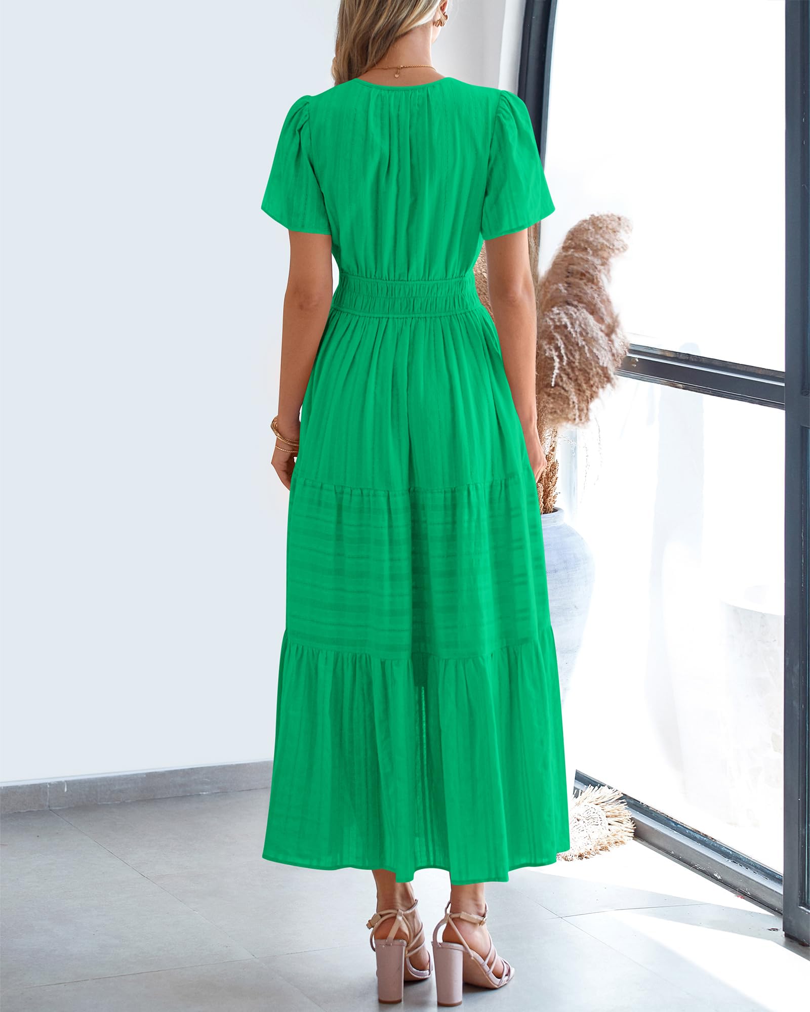 BTFBM Womens Summer Casual Midi Maxi Dresses Lightweight Short Sleeve V Neck Elastic Waist Boho Beach Dress Pockets