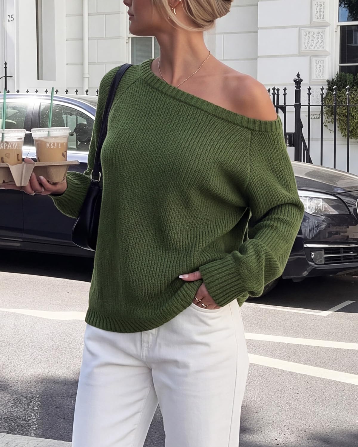 FreshPretty Womens Off the Shoulder Sweater Fall Outfits,Boat Neck,Soft Ribbed Knit Pullover Tops,Loose Fit,Long Sleeve Going Out Tops,Business Casual Work,Winter Fashion Clothing