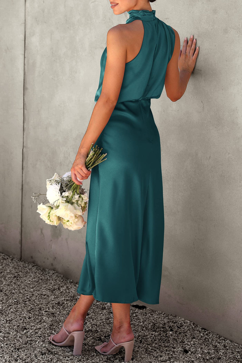 PRETTYGARDEN Women's Summer Satin Dress Elegant Sleeveless Mock Neck Cocktail Party Maxi Dresses