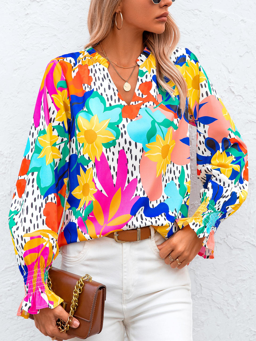 FreshPretty Womens V Neck Floral Long Sleeve Tops Summer Casual Loose Puff Sleeve Chiffon Boho Work Blouse Dressy T Shirts