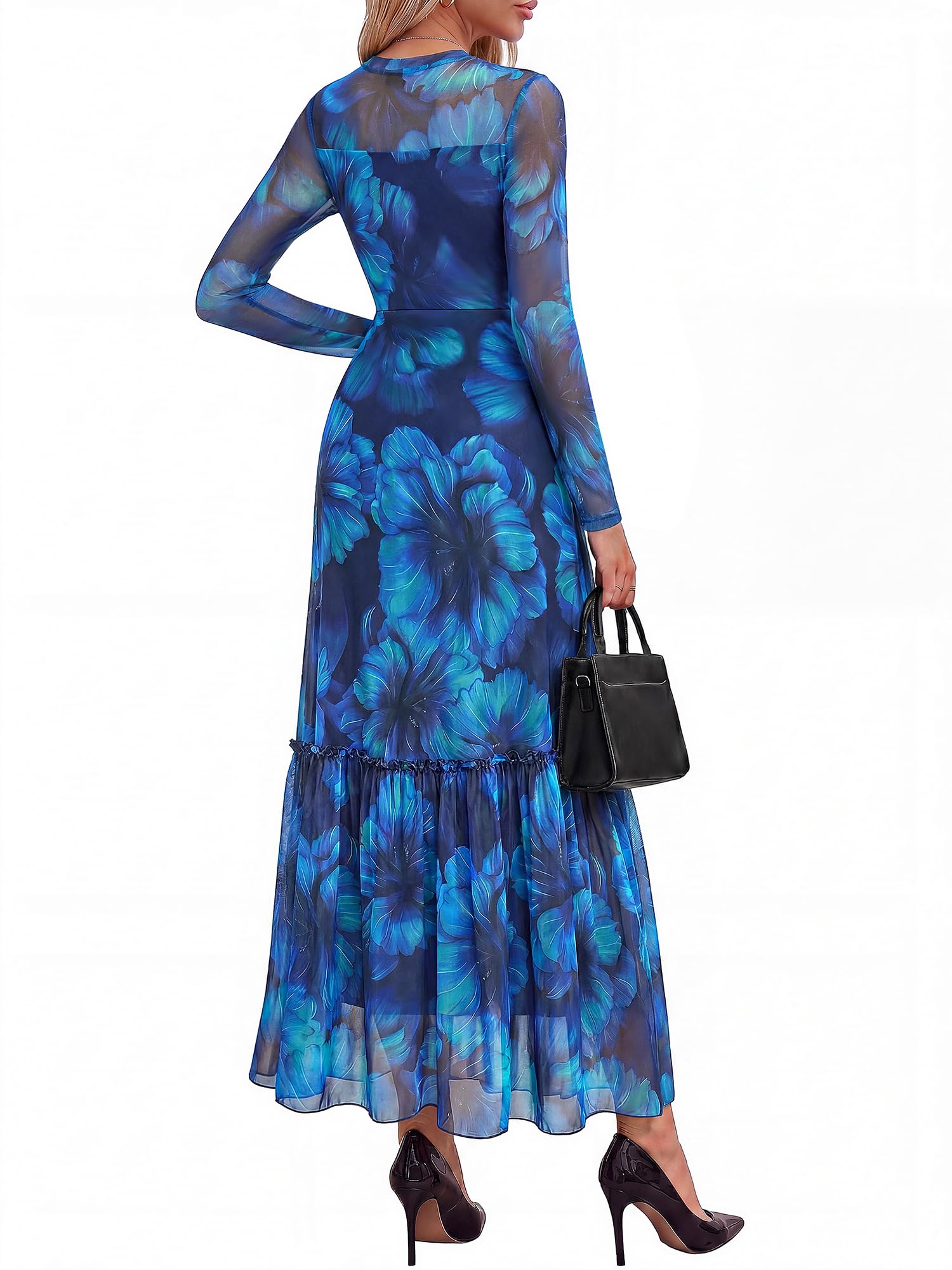 BTFBM Boho Mesh Long Sleeve Dress for Women | Mock Neck, Floral, A Line, Tiered, Graduation, Wedding, Cocktail Maxi Dresses, Fall Fashion, Resort Wear