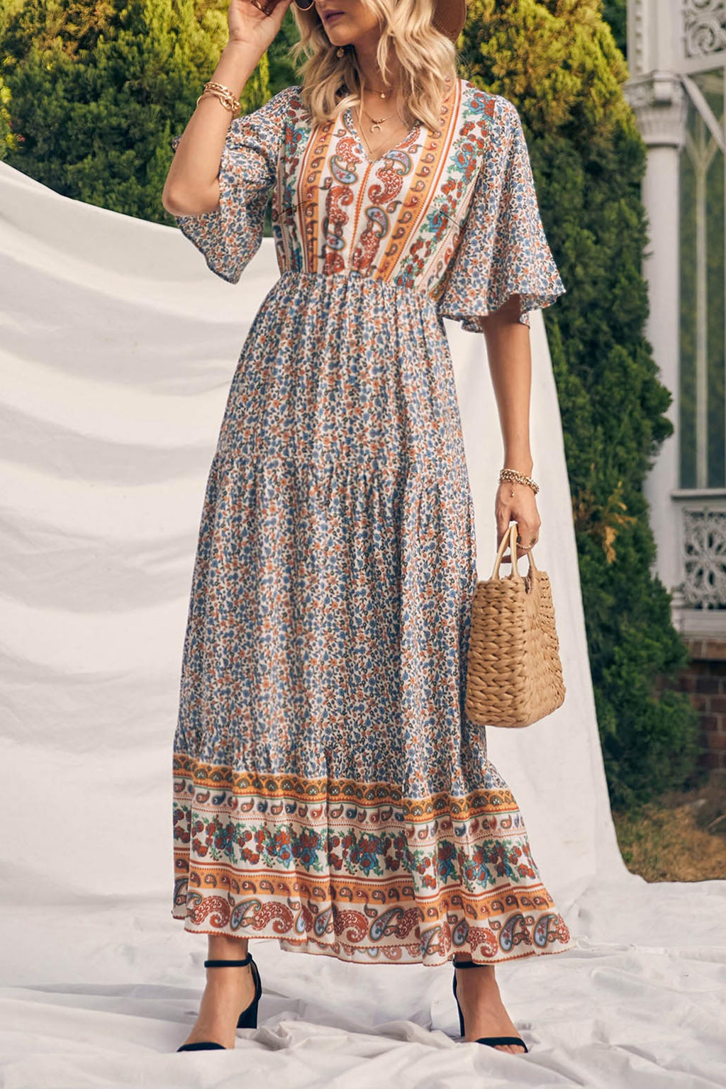PRETTYGARDEN Women's Casual Summer Boho Floral Print Dress V Neck Short Sleeve High Waist Long Maxi Beach Dresses