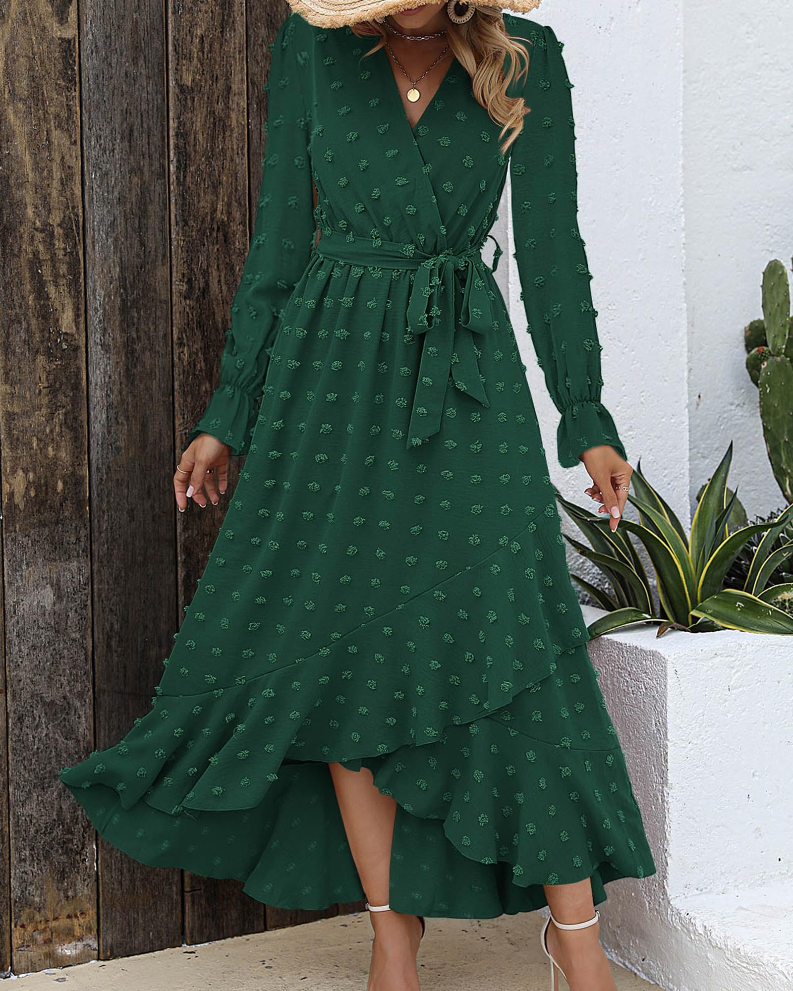 FreshPretty Long Sleeve Maxi Dresses for Women V Neck Swiss Dot Boho Flowy Slit Cocktail Wedding Guest Dress Fall Clothes