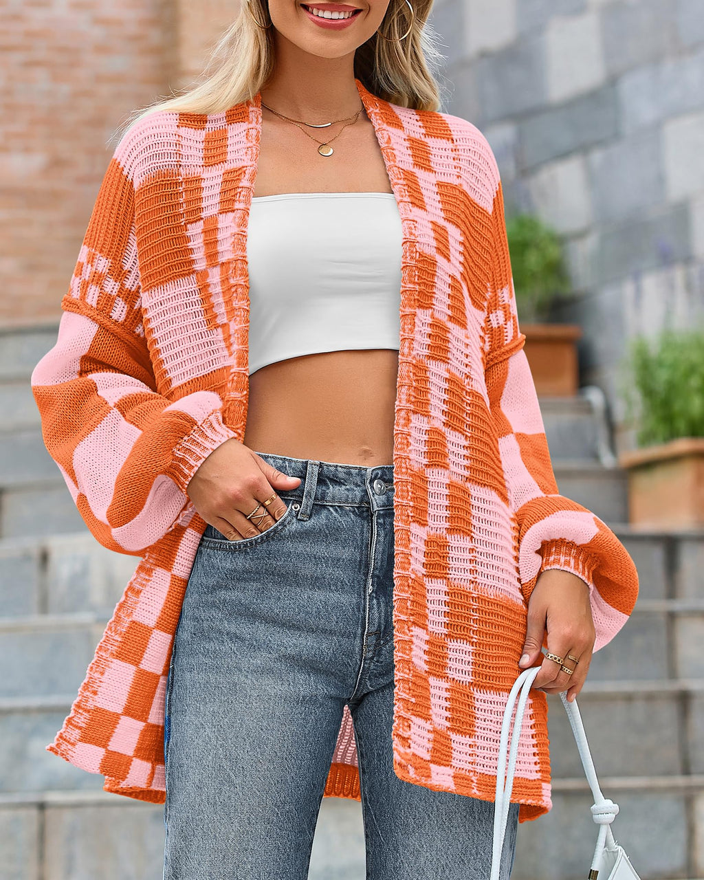 BTFBM Casual Cardigan Sweater for Women Fall Long Sleeve Sweaters Fall Outfits, Loose Fit,Solid,Open Front Chunky Knit Sweaters,Chunky Cardigan Sweaters For Women,Checkered Outwear Coat